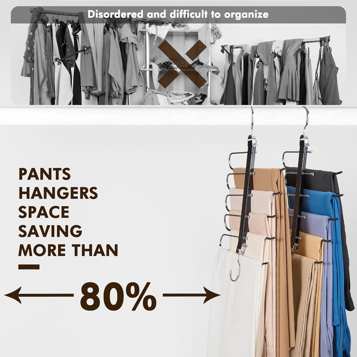 HOUSE DAY Pants Hangers Space Saving, Wood Jean Hangers for Closet, Non Slip Multi Functional Pants Rack Hanger Multiuse Pant Organizer for Closet Space Saving Hangers for Pants (4PACK, Black)
