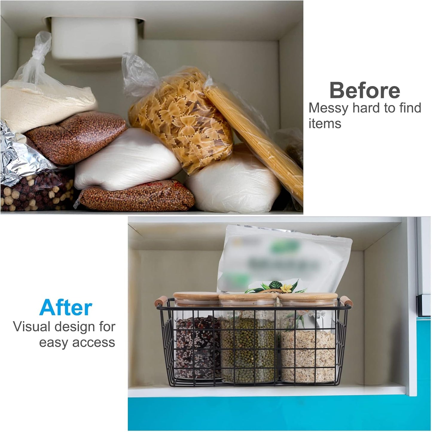 Black 2PCS Wire Storage Baskets with Wooden Handles - Organizing Pantry and Kitchen Cabinets - Metal Wire Food Storage Basket