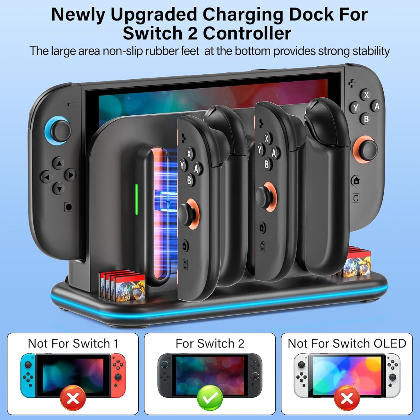 Switch 2 Controller Charger, 3H Fast Charging Dock for Nintendo Switch 2 Joycon, Charger Station for Joycon 2 with LED Lights, 8 Game Card Slot, Storage Docking Stand for Switch2 Accessory