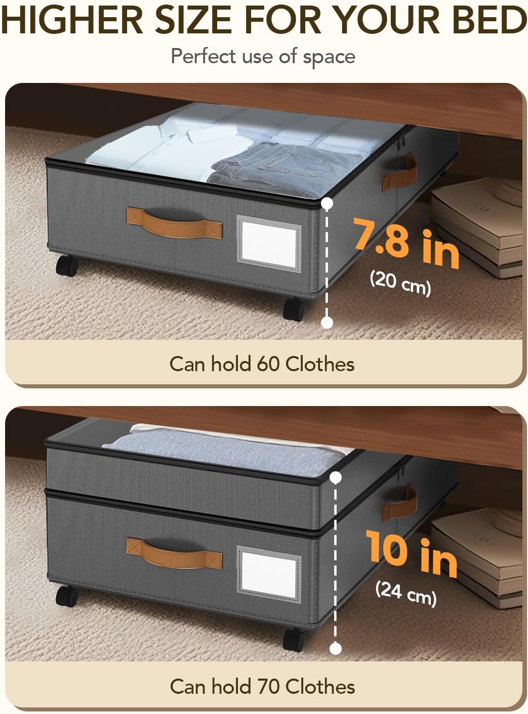 4 Pack Under Bed Storage with Wheels, Adjustable Height Storage Containers, 10 inches Large Capacity Rolling Underbed with Lids, Storage Drawers Shoes, Clothes, Blankets, Grey
