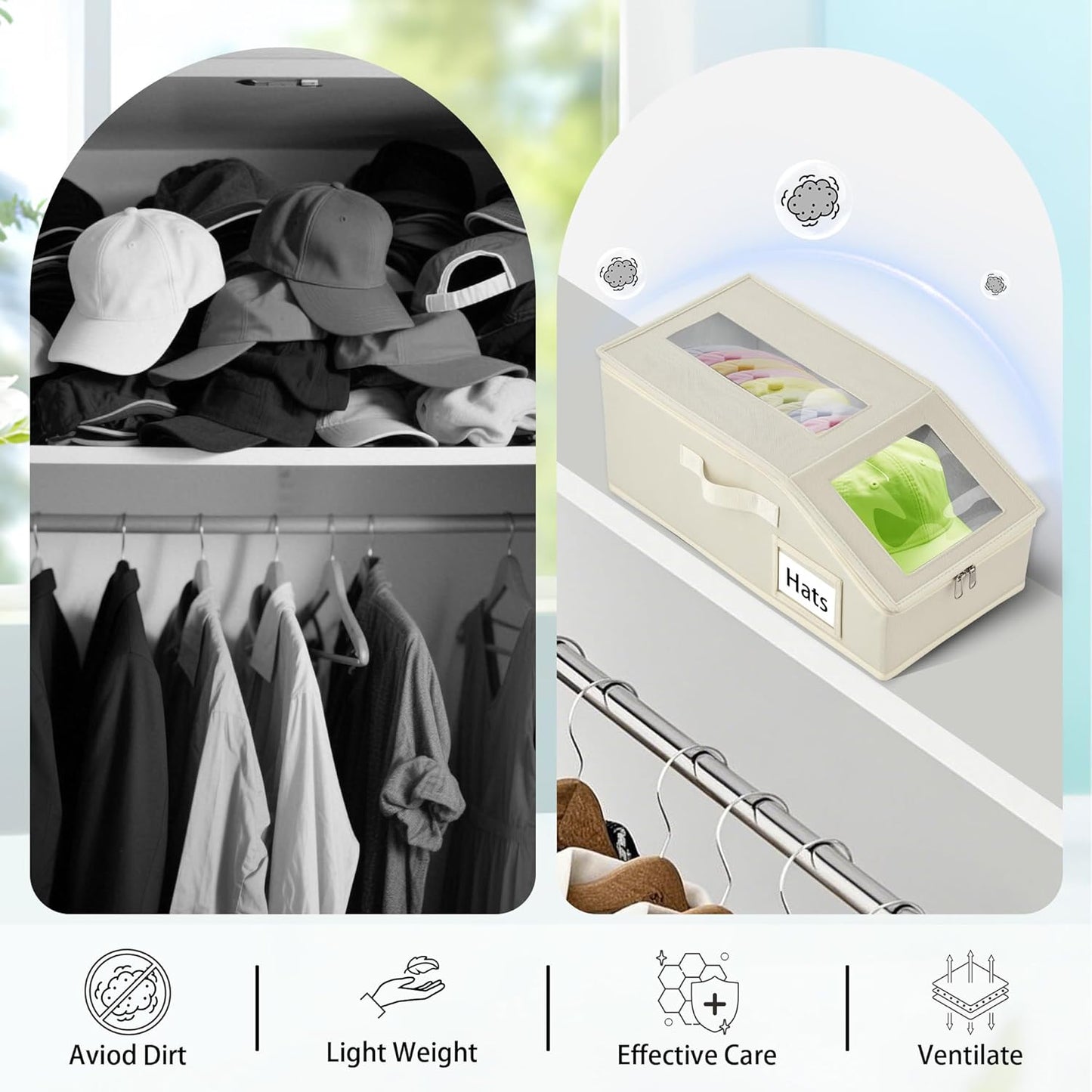 Stackable Hat Storage for Baseball Caps, 2 PCS Hat Storage Boxes for Closet, Holds up to 30 Caps with Cardboard, Hat Organizer for Women & Men(Two Clear Window) (Beige)