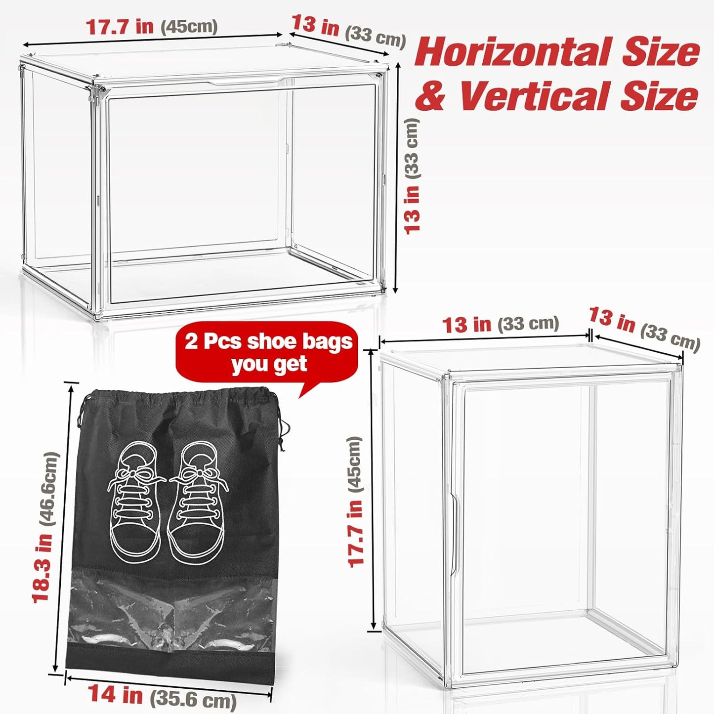 XXX-Large Acrylic Display Case, Clear Shoe Storage Boxes Stackable Shoe Organizer with 2 Shoe Bags Boots Shoe Rack for Closet Sneaker Handbag Collectibles Organizer with Magnetic Door, 1 Pack