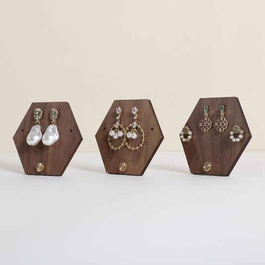 GemeShou 3pcs wooden jewelry earring organizer holder, walnut earring studs stand for boutique store, cute earring display for selling with 6 holes on each【Earring stand-Hexagon-3pcs】