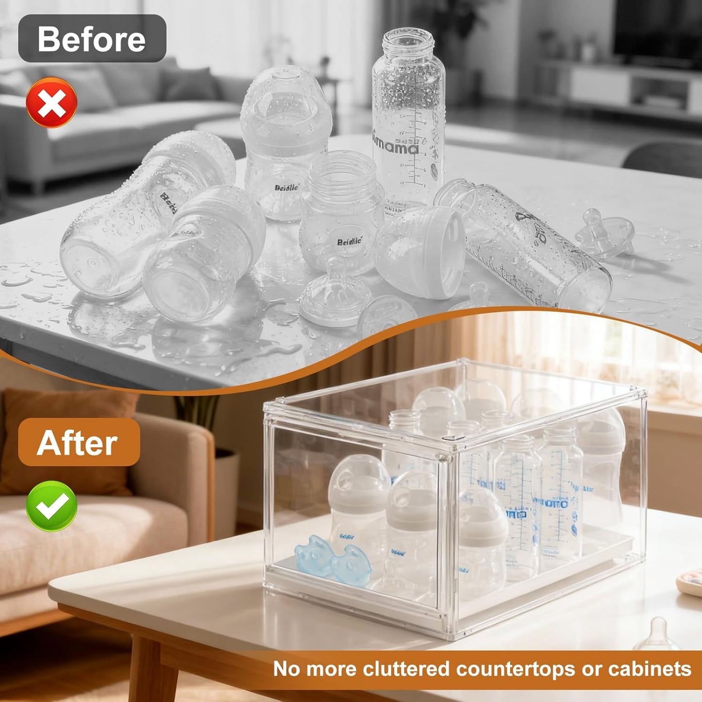 Baby Bottle Organizer, Clear Stackable Acrylic Storage for Countertop Cabinet, Baby Bottle Station Organizer with drawer for Pacifiers, Pump Parts