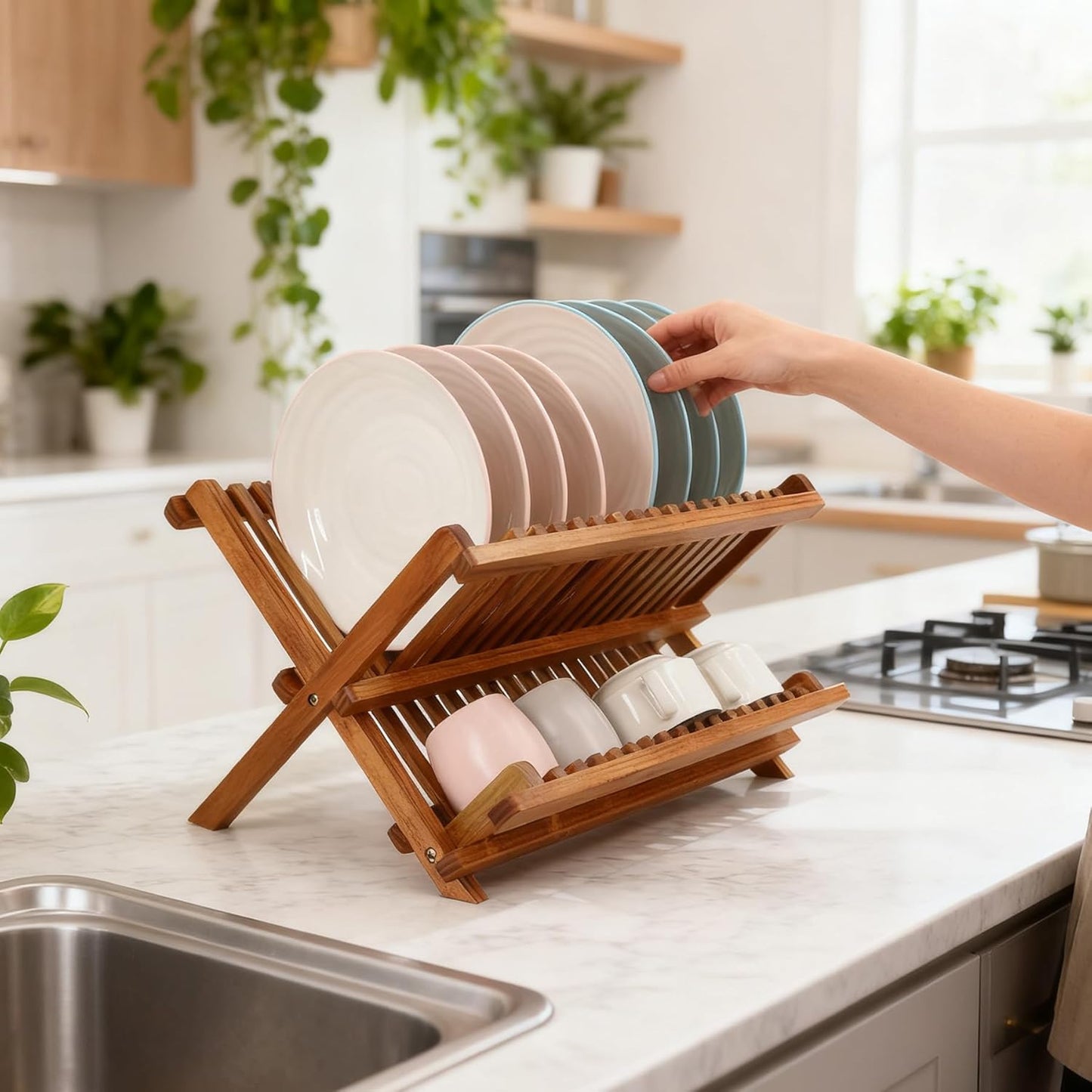 Utoplike Teak Dish Drainer Rack Collapsible 2 Tier Dish Rack Dish Drying Rack Foldable Plate Organizer Holder for Kitchen Compact