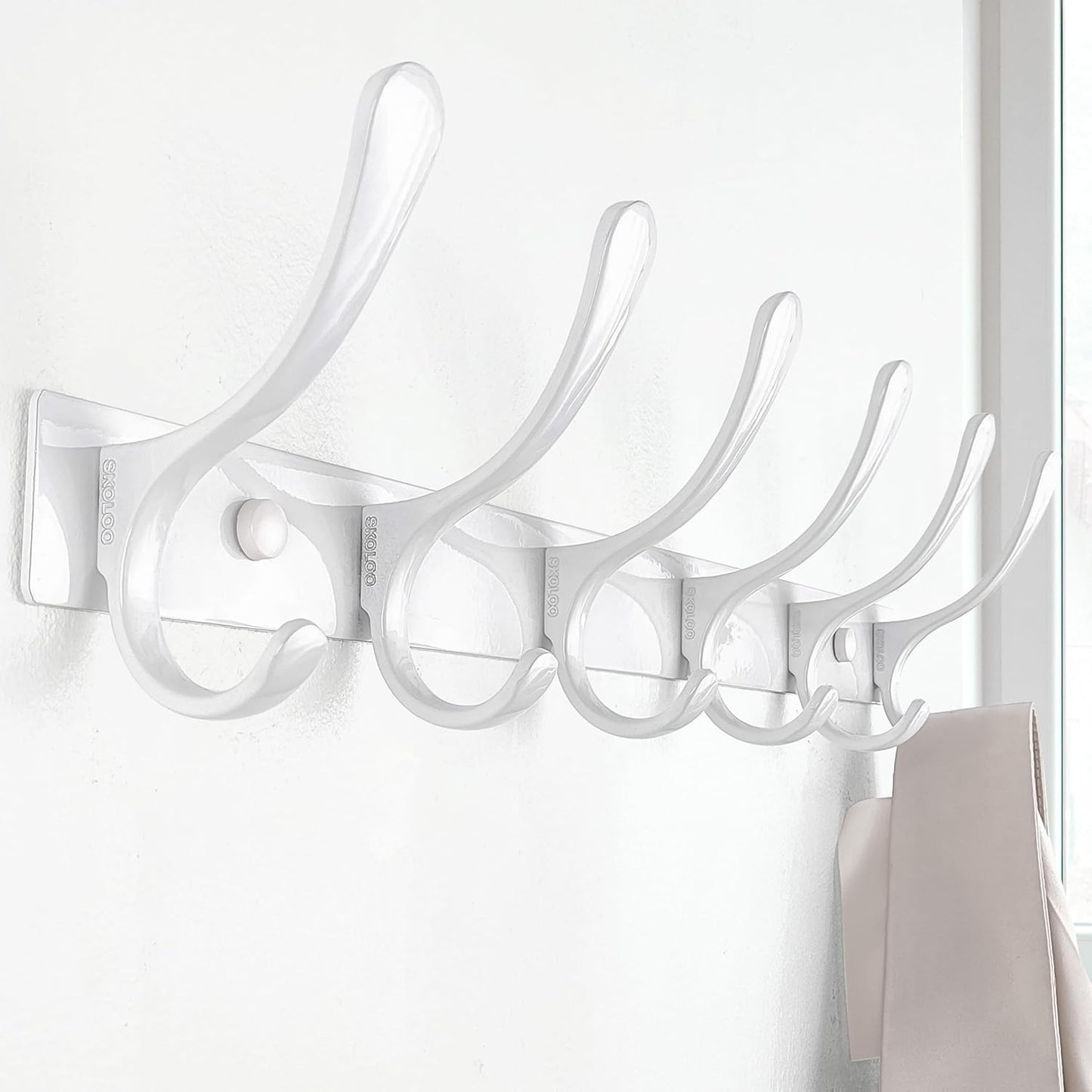 SKOLOO Heavy Duty Wall Mounted Coat Rack - 6 Hooks, Stainless Steel, Pack of 2, Sturdy Coat Hooks for Hanging Clothes, Jacket, Hat, White