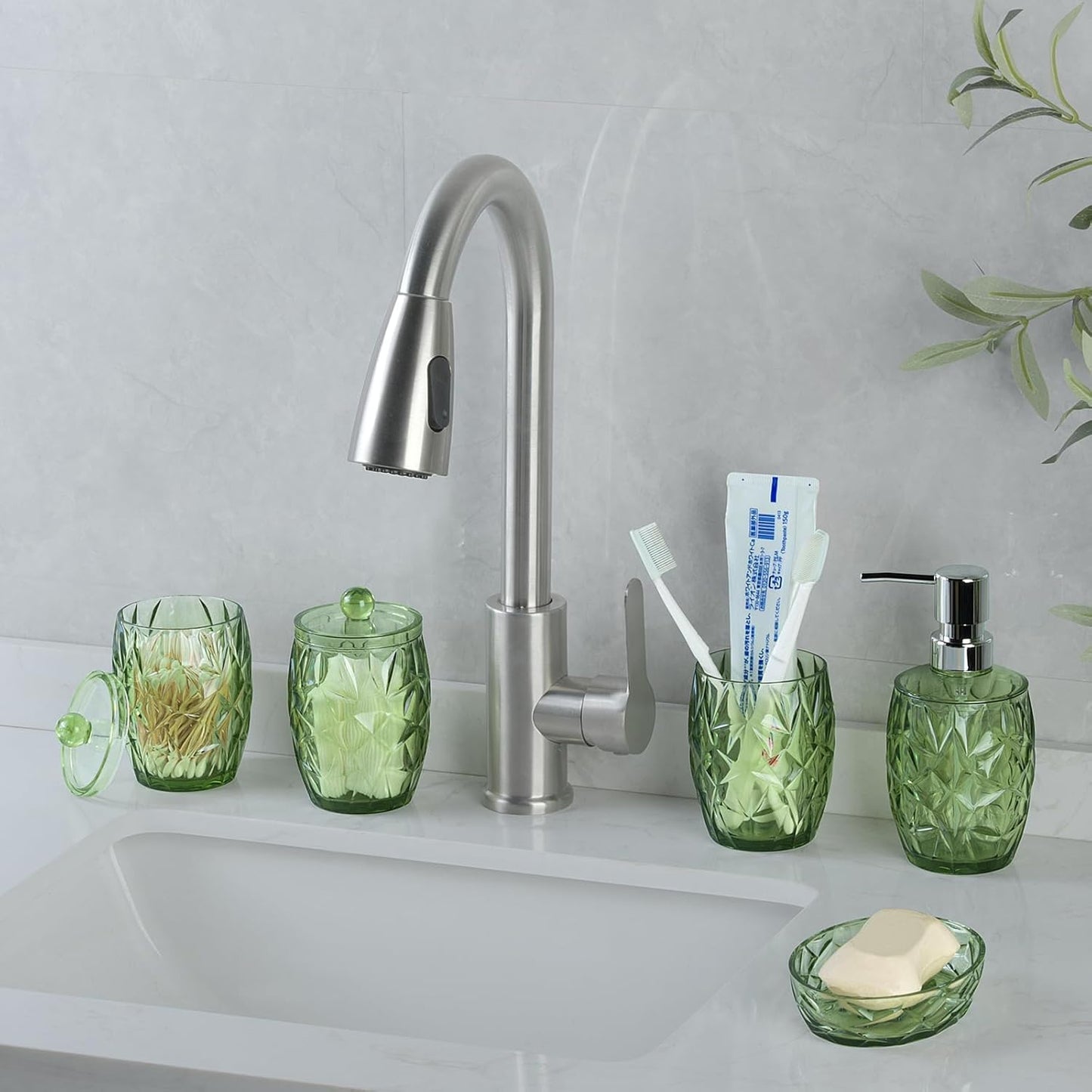Modern Shatterproof Acrylic Olive Green Bathroom Accessories Set – 5-Piece Glass-Free Vanity Set with Soap Dispenser, Toothbrush/Makeup Brush Holder, 2 Cotton Jars with Lids, and Soap Dish