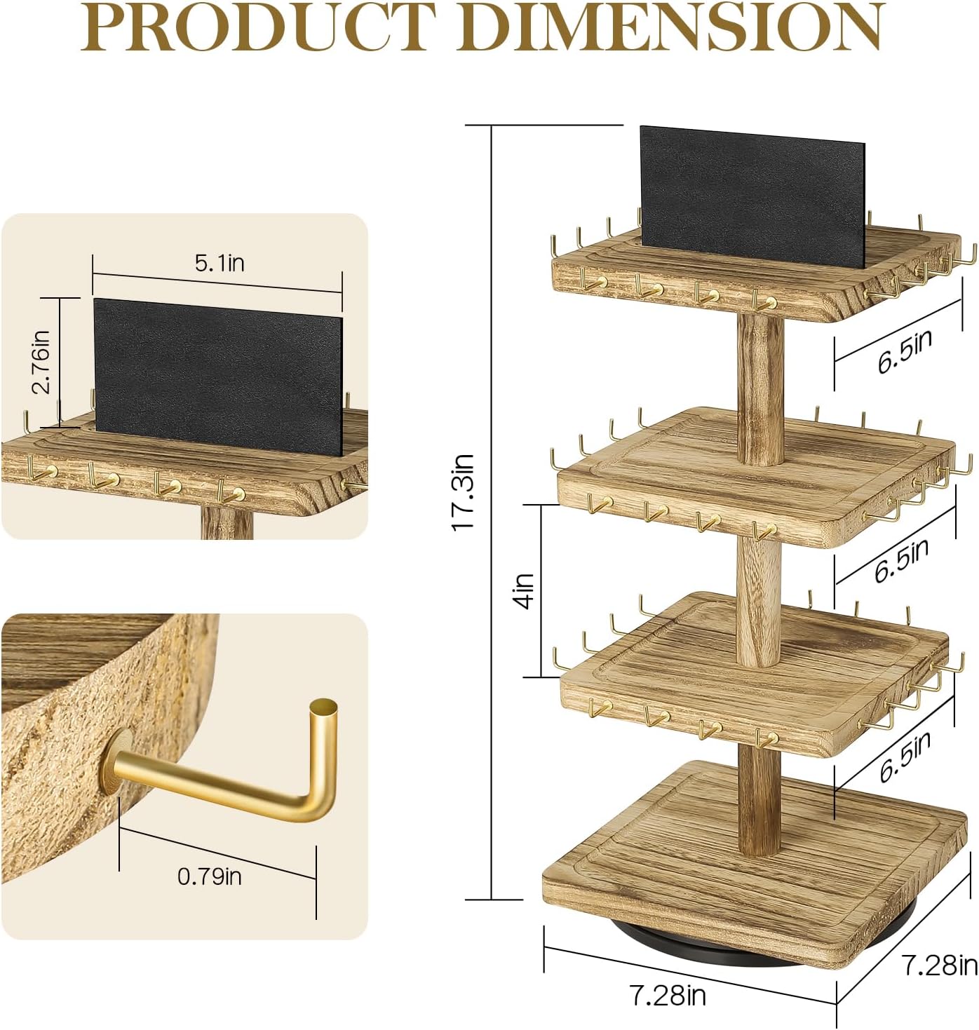 LadyRosian 3-Tier Wooden Rotating Jewelry Display Stand | Bracelet & Keychain Organizer with Advertising Board | 48 Hooks Rustic Holder for Vendor Booth & Stores (3-Tier Square Slot Display)