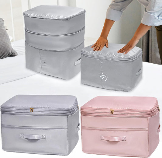 Ultra Space Saving Self Compression Organizers, 2 Pack Double Zipper Compression Packing Cubes for Bedding, Comforter Storage Bag for Blankets Duvet Quilts Pillows Queen King (Gray & Pink X-Large)