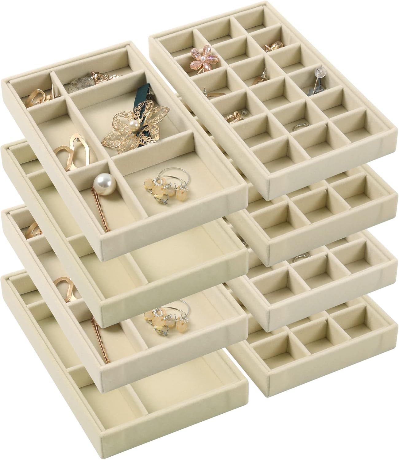 DIOMMELL Set of 8 Stackable Velvet Jewelry Trays Organizer, Jewelry Storage Box Display Trays Showcase Holder Closet Dresser Drawer Organizer for Earring Necklace Bracelet Ring Accessary, Beige