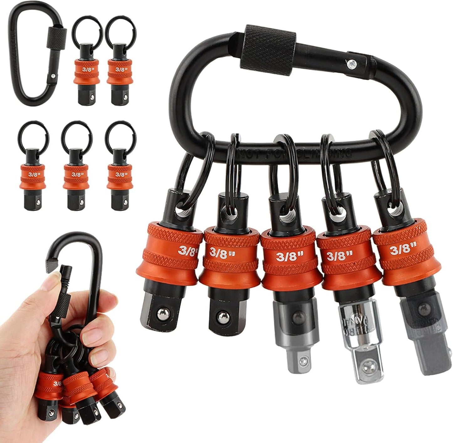5Pcs Socket Holder Key Chain, 3/8" Drive Socket Organizer Keychain Quick Release Design with Carabiner, Impact Wrench Accessories for Lineman, Electricians, Construction Crews(SIZE:3/8 Inch)