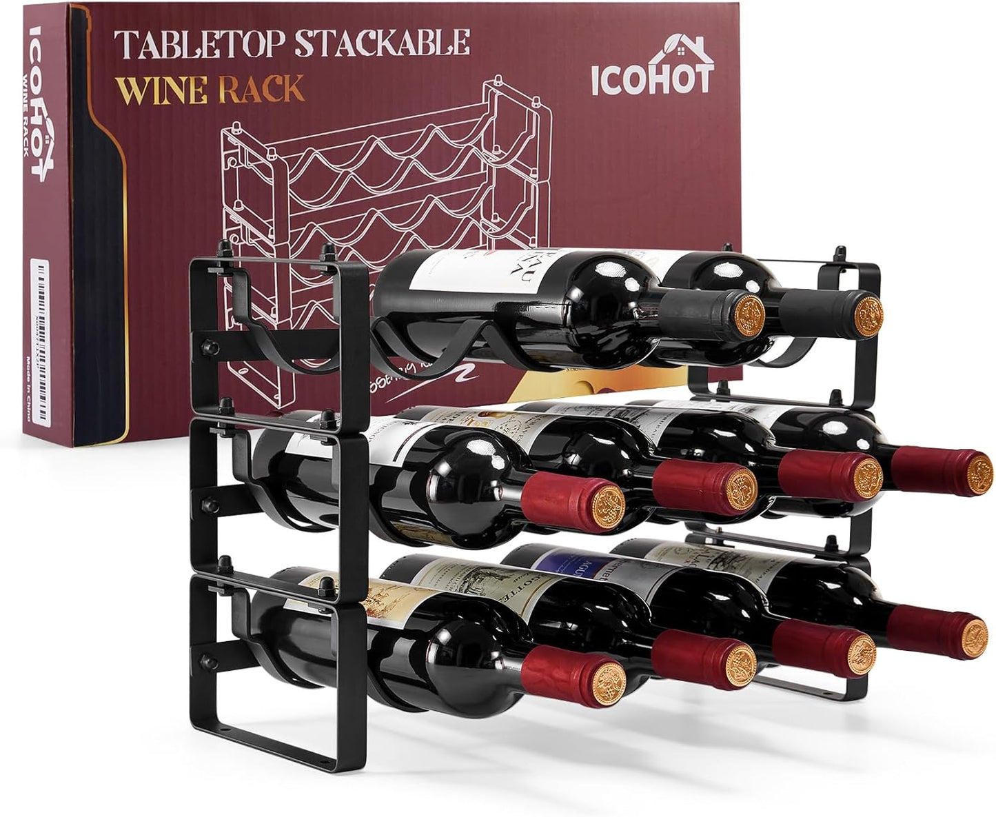 Stackable Wine Rack Countertop, Sturdy Bottle Holder Freestanding for Cabinet, 3 Tier Small Tabletop Wine Holder Stand, Wire Bottle Rack Metal Storage Organizers