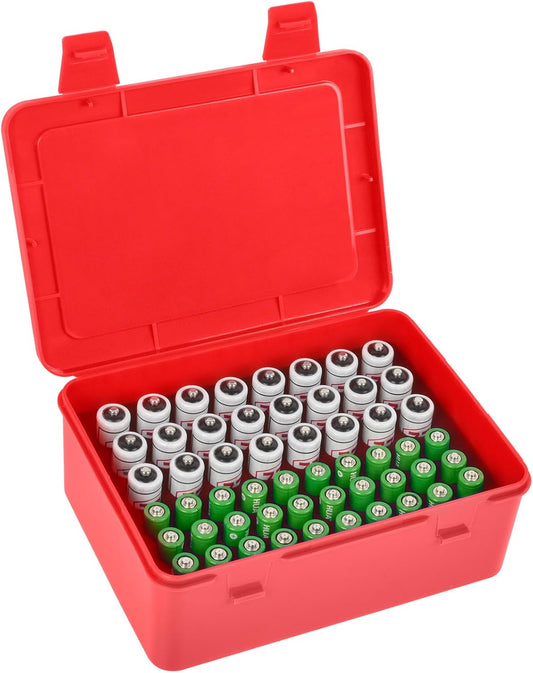 FULLCASE Battery Storage Organizer Holder Holds 54 AA AAA Batteries, Box Cases Garage Container, Home Drawer Organization Dispenser (Case Only) Red