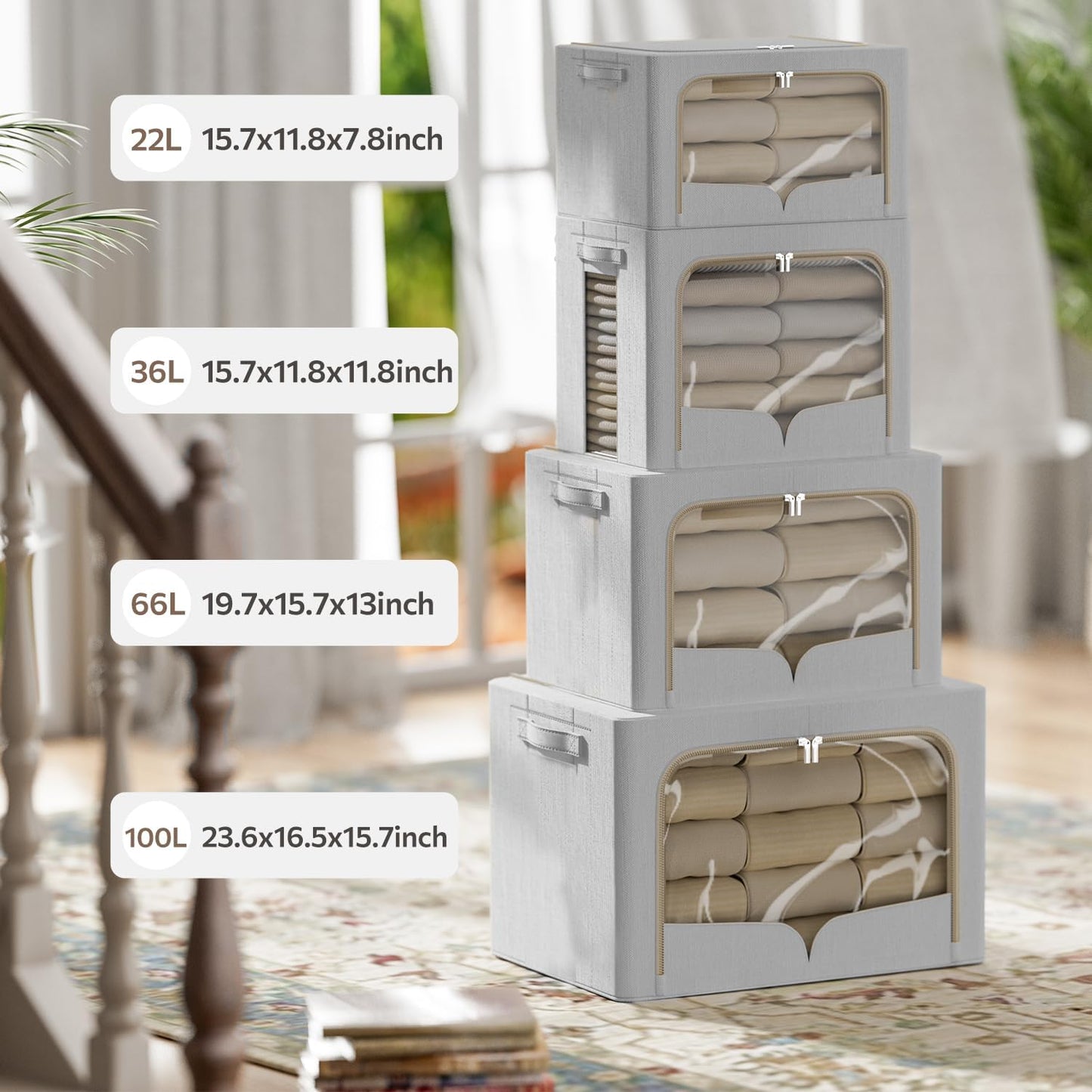 FHSQX 3 Pack Clothes Storage Bins - Foldable Metal Frame Storage Box - Stackable Linen Fabric Container Organizer Set with Carrying Handles and Clear Window (Light Gray, 19.7x15.7x13inch(66L))