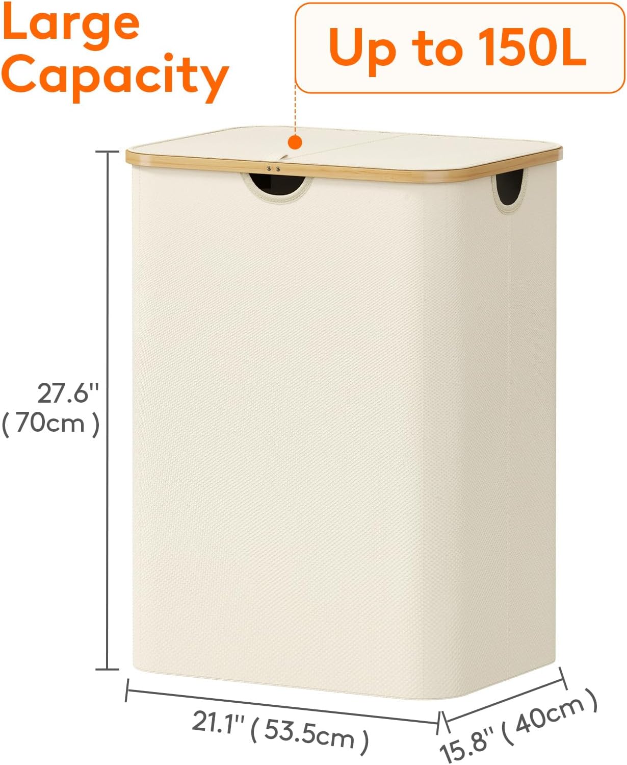 Lifewit 150L Laundry Basket with Lid, Clothes Hampers with Bamboo Handles and A Removable Laundry Bag, Large Foldable Hamper for Bedroom, Bathroom, Dorm, LaundryRoom, White
