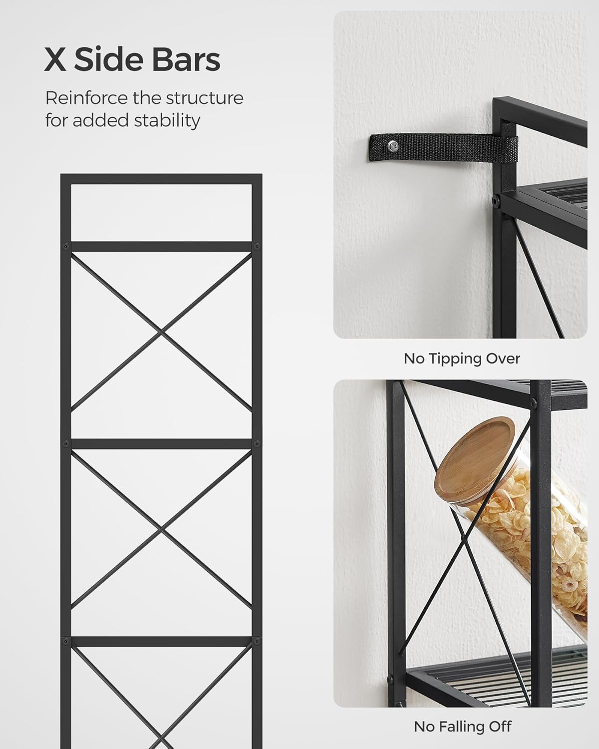 SONGMICS 5-Tier Metal Storage Rack, Shelving Unit with X Side Frames, Dense Mesh, 12.6 x 31.5 x 57.3 Inches, for Entryway, Kitchen, Living Room, Bathroom, Industrial Style, Ink Black UBSC185B01