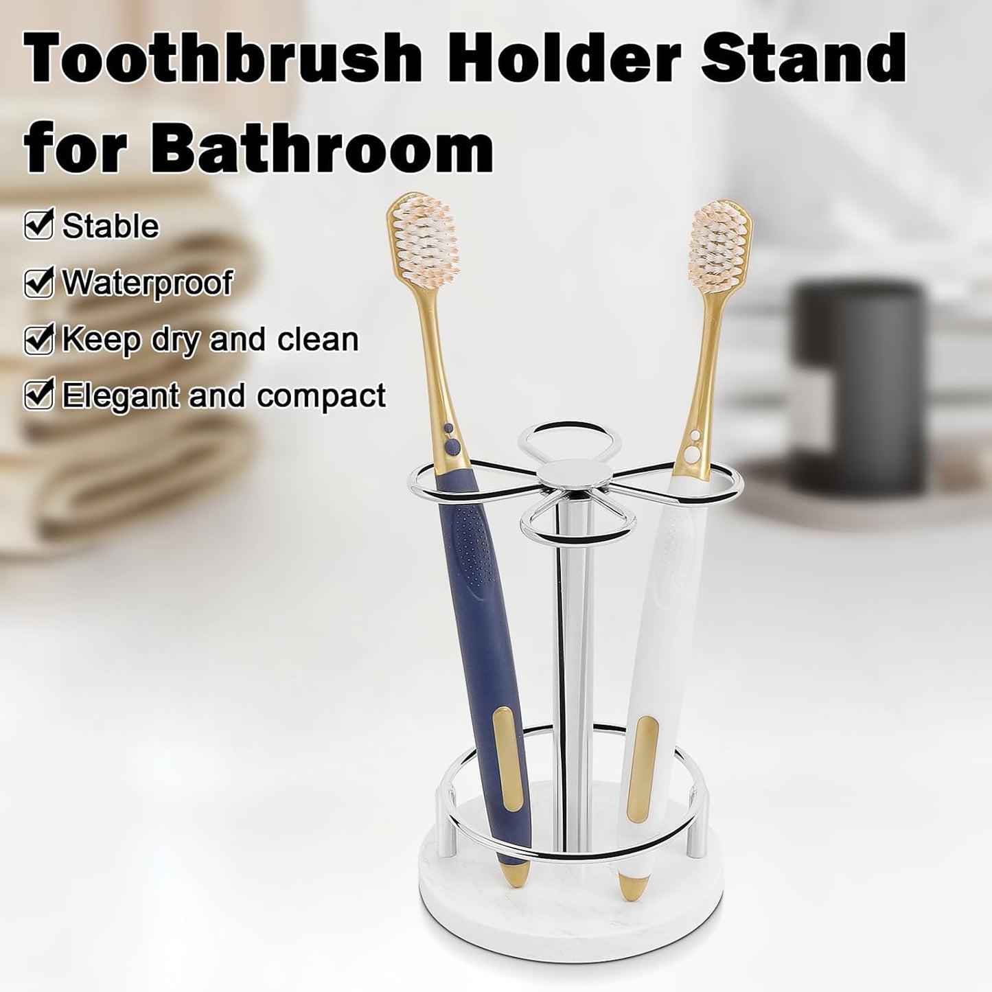 HarJue Toothbrush Holder Stand for Bathroom, Metal Toothbrush Organizer with Marble Base, Toothbrush Storage Collection for Family, Suitable for Home Hotel Countertop Vanity (Small, Chrome Finish)