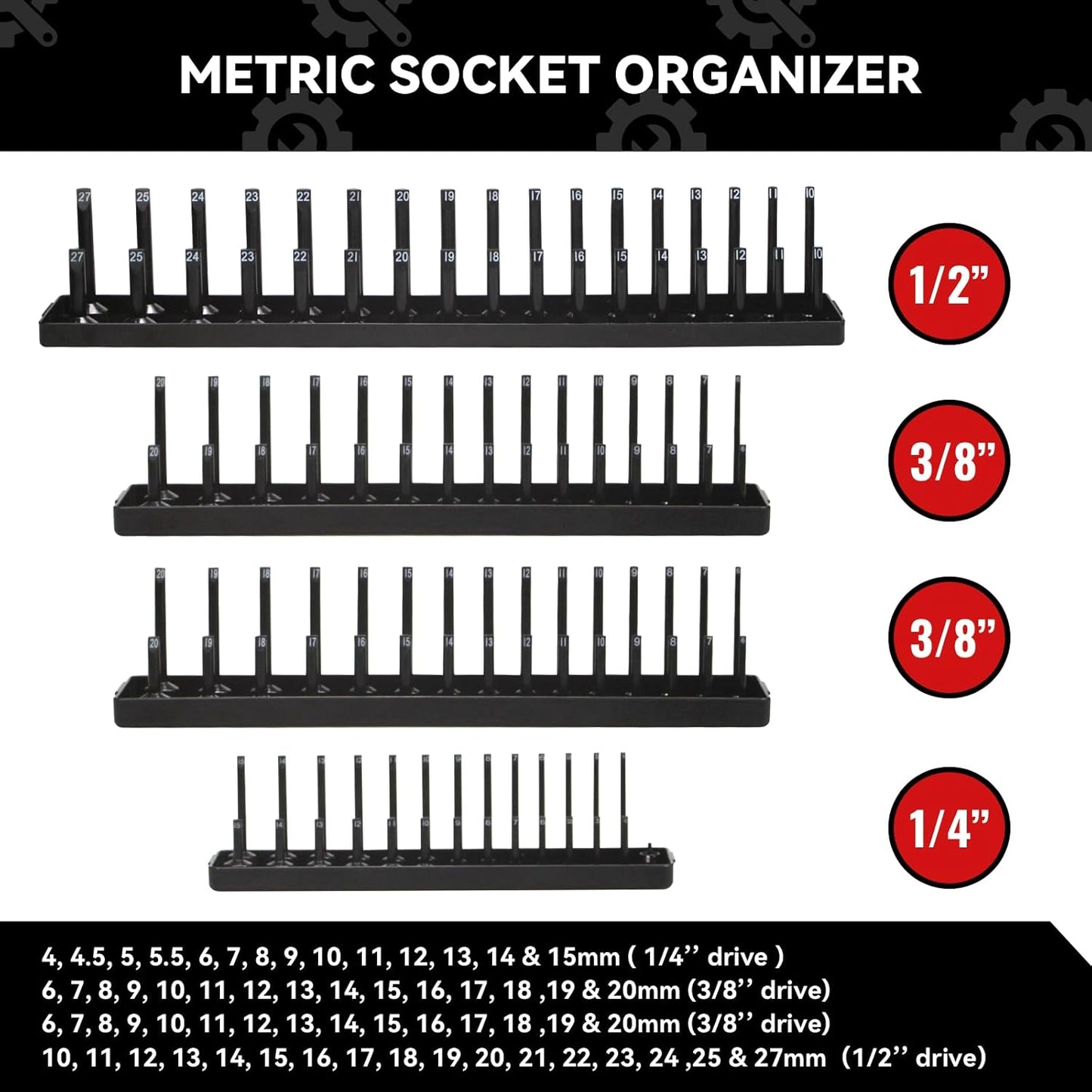 8PCS Socket Organizer Tray Set,SAE & Metric Socket Trays, 2PCS 1/4", 4PCS 3/8", 2PCS 1/2" Drive Deep and Shallow Socket Holders for Toolboxes (8pcs socket organizer）