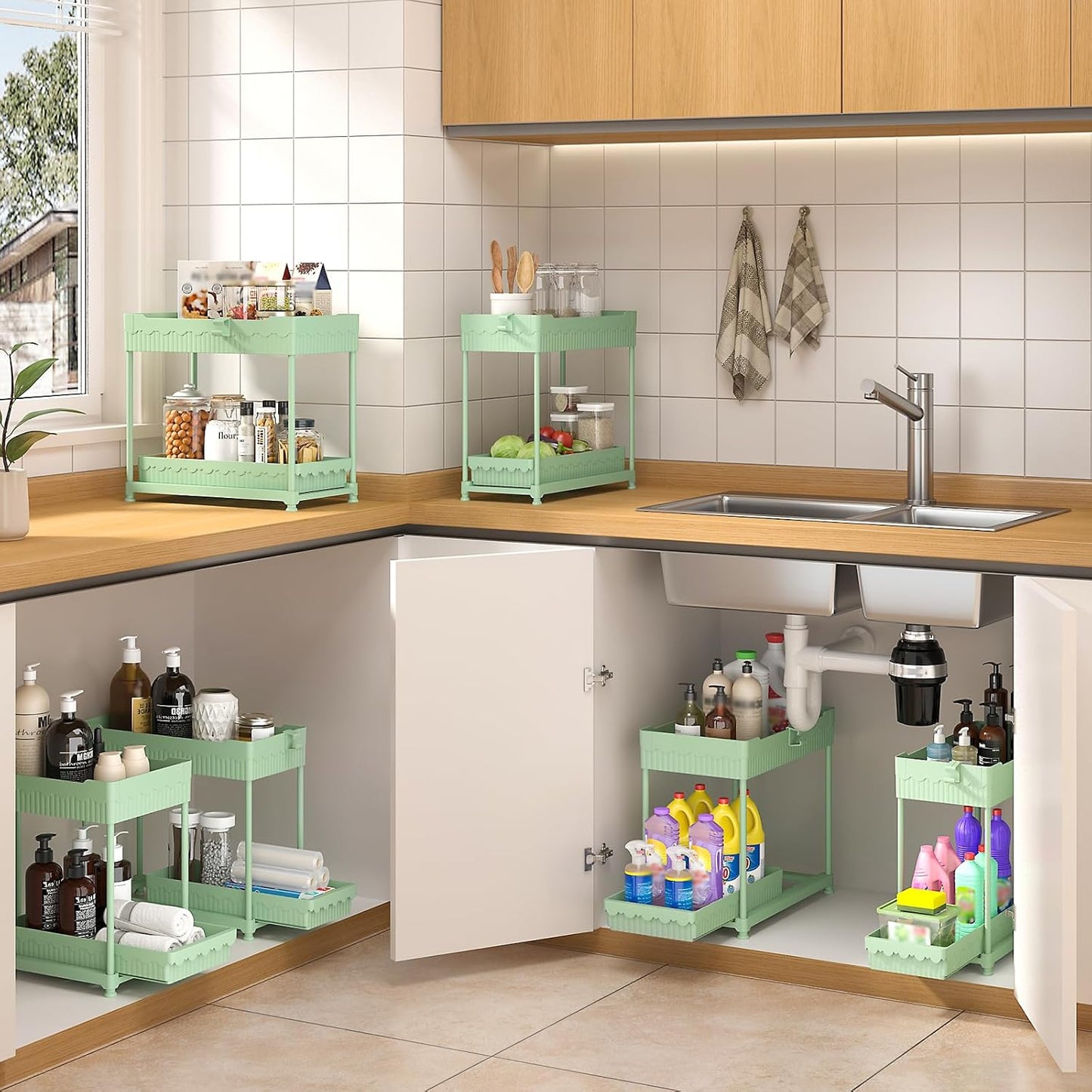 3 Pack Under Sink Organizers, 2-Tier Multi-Use Kitchen and Bathroom Organizers and Storage with Sliding Drawers，Bathroom Cabinet Organizer (Green, 14.8 Inch)