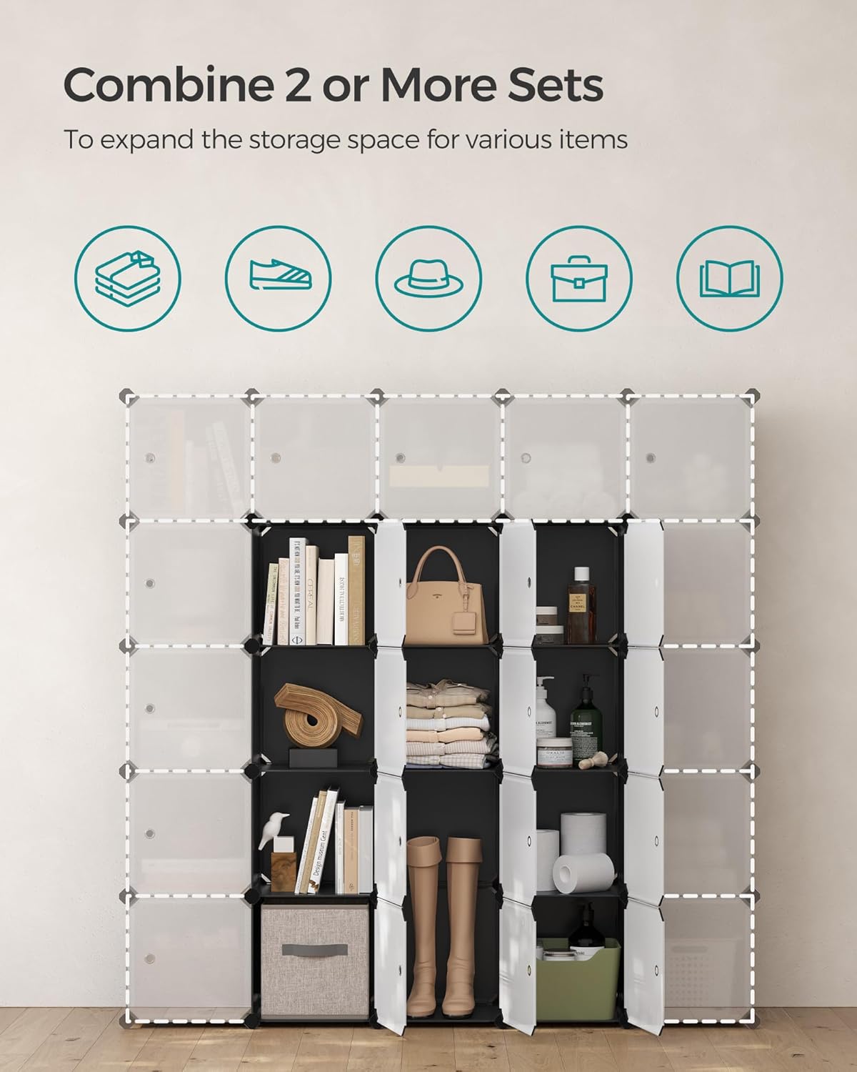 SONGMICS Cube Storage Organizer, Set of 16 Plastic Cubes, Closet Storage Shelves, DIY Plastic Closet Cabinet, Modular Bookcase, Shelving with Doors for Bedroom, Living Room, Black and White ULPC44HS