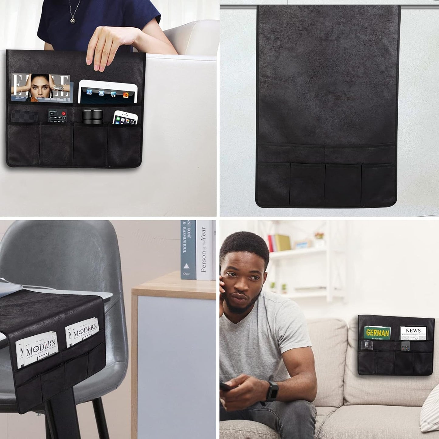 HAOMAIJIA Anti Slip Sofa Armrest Organizer Arm Chair Bedside Caddy Storage Organizer For Recliner Couch With 6 Pockets For Cell Phone Tv Remote Control Magazines (black)