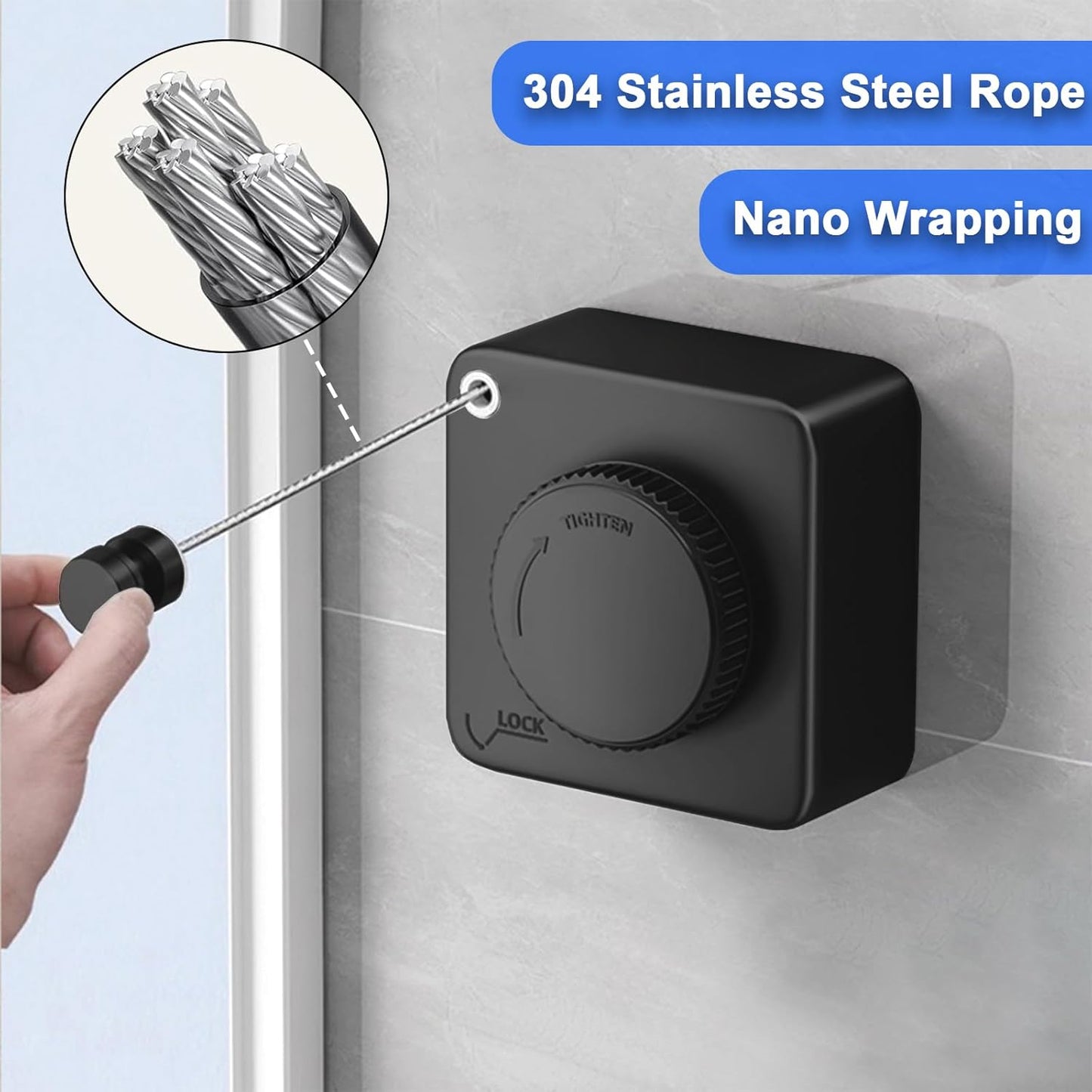 Retractable Clothesline Indoor & Outdoor, 15.6 Ft Non-Sagging Stainless Steel Laundry Line with Wall Mounted Heavy Duty Design, Space-Saving Drying Rack for Bathroom, Balcony(Square Black)