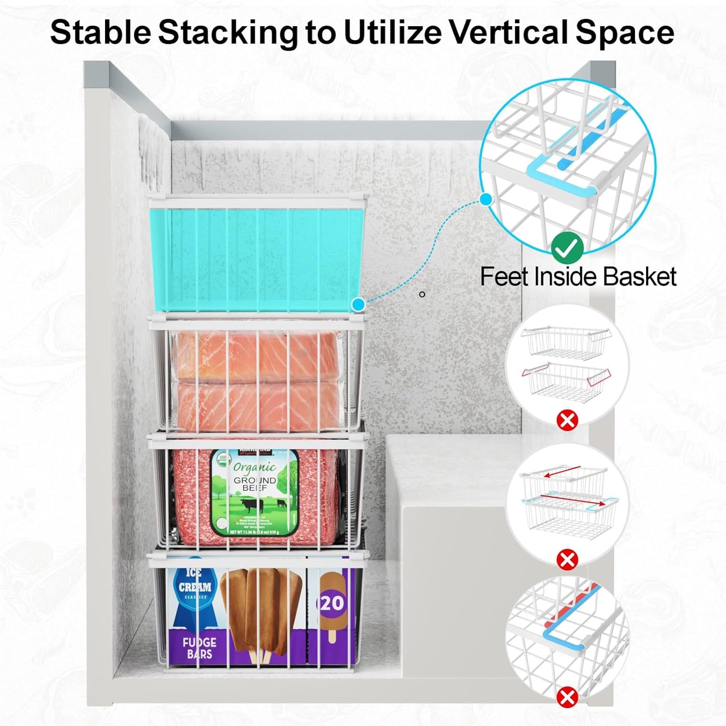 iSPECLE Freezer Organizer Bins - 4 Pack Stackable Chest Freezer Organizer for 5 Cu Ft Deep Freezer Sort Frozen Food, Deep Freezer Organizer Bins Easy to Get Food from Bottom without Digging, White