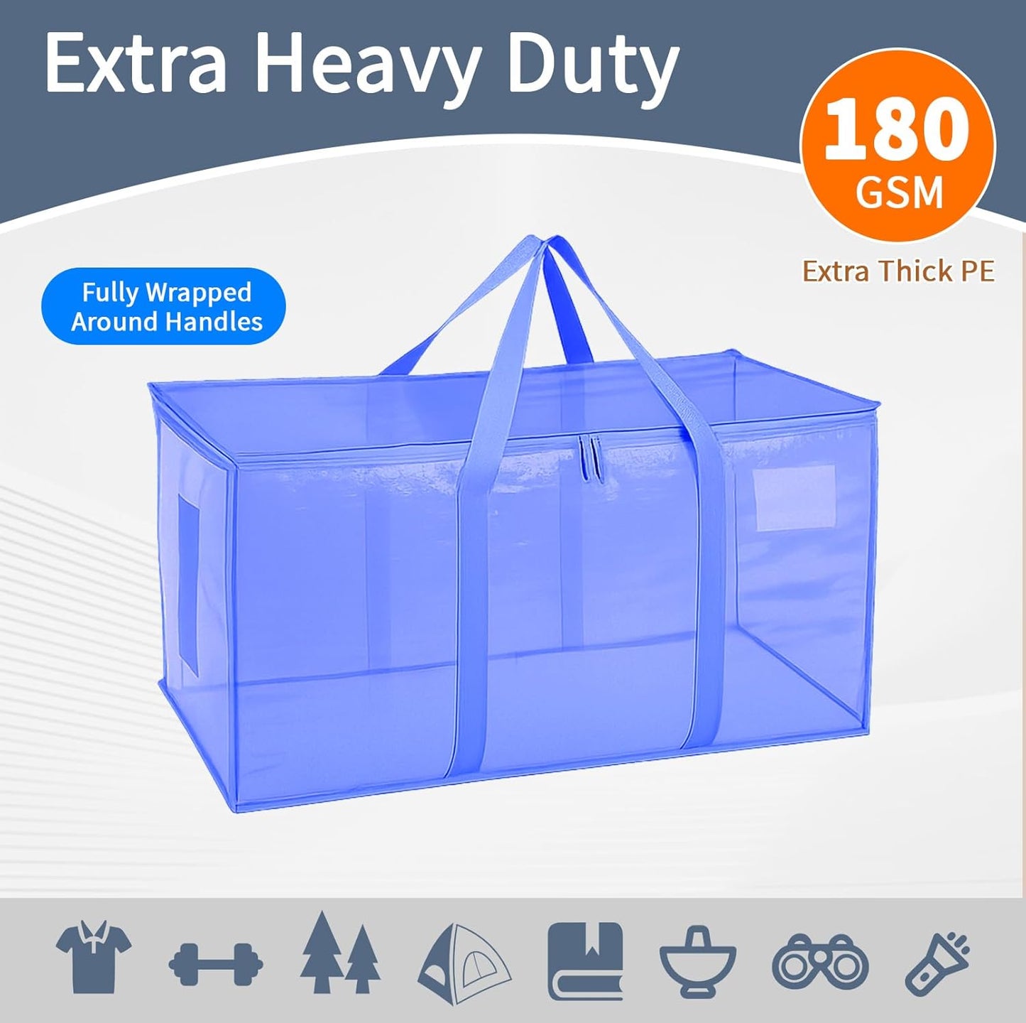 6 Pack-Extra Large Heavy Duty Moving Bags - Waterproof Storage Totes with Handles & Zippers, Foldable for College Dorm, Storage (Blue)