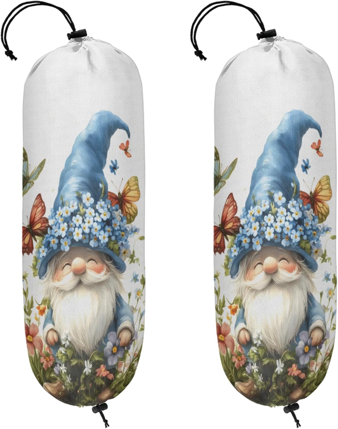 Flowers Butterfly Gnome Plastic Bag Holder 2 Pcs Grocery Bag Organizer Reusable Trash Bags Organizer Wall Mount Washable Kitchen Dispenser Holders with Drawstring Closure