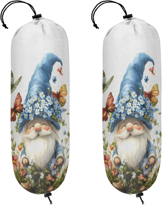 Flowers Butterfly Gnome Plastic Bag Holder 2 Pcs Grocery Bag Organizer Reusable Trash Bags Organizer Wall Mount Washable Kitchen Dispenser Holders with Drawstring Closure