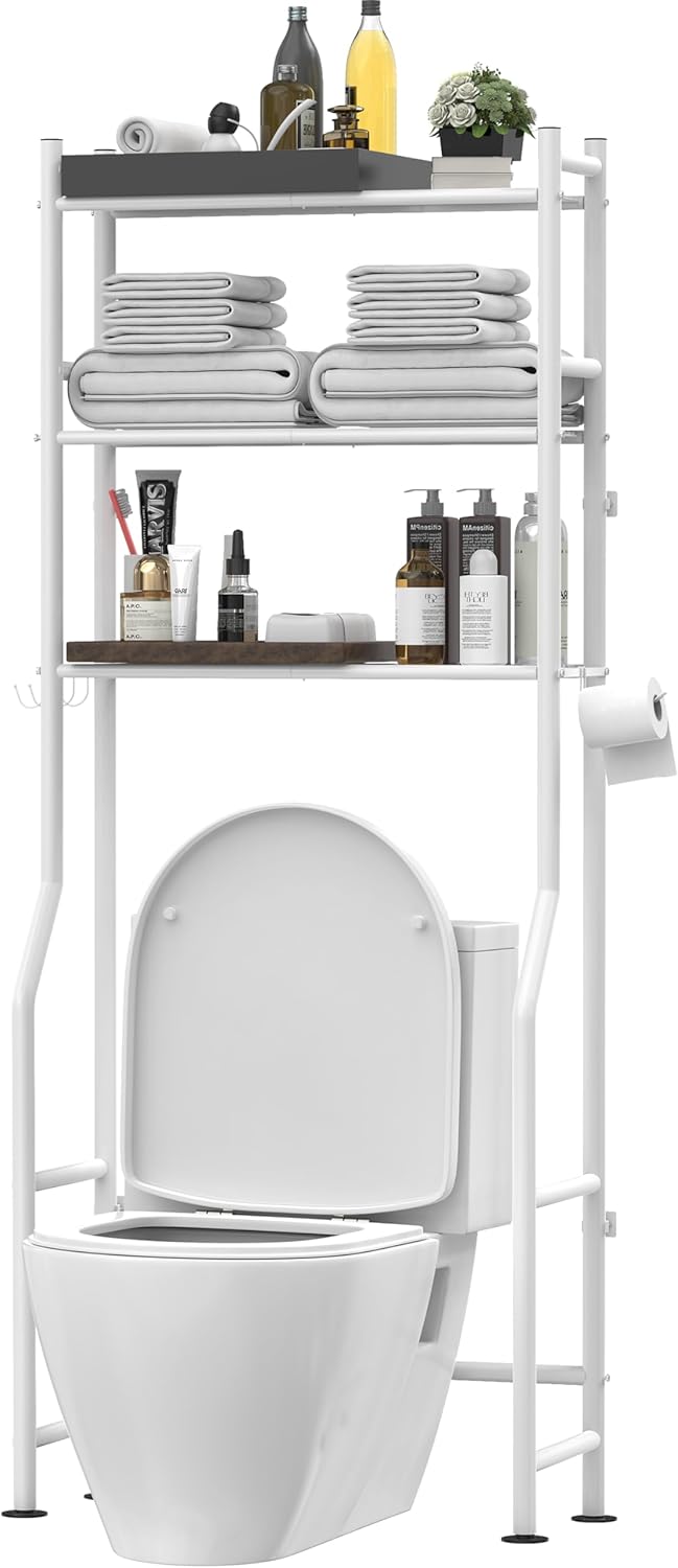 3-Tier Over The Toilet Storage, Freestanding Metal Bathroom Shelves with 4 Hooks, Over Toilet Storage Shelf with Paper Holder, Above The Toilet Shelf for Bathroom Storage, White