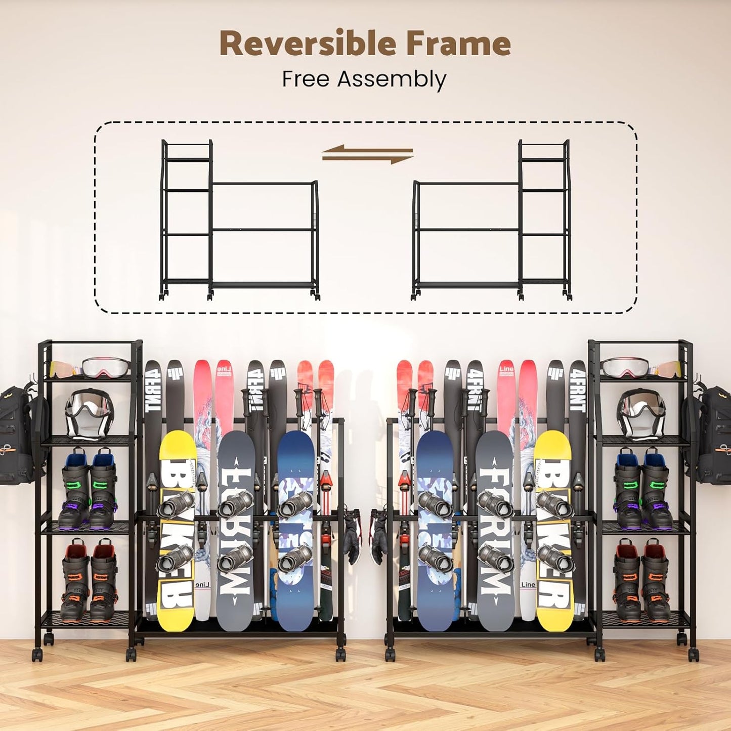 4-Tier Freestanding Snowboard Rack for 4 Pairs of Skis, 3 Snowboards, Boots, Poles, Goggles, Helmets, Ski Storage Rack with Adjustable Shelves, Snowboard Stand for Home, Garage