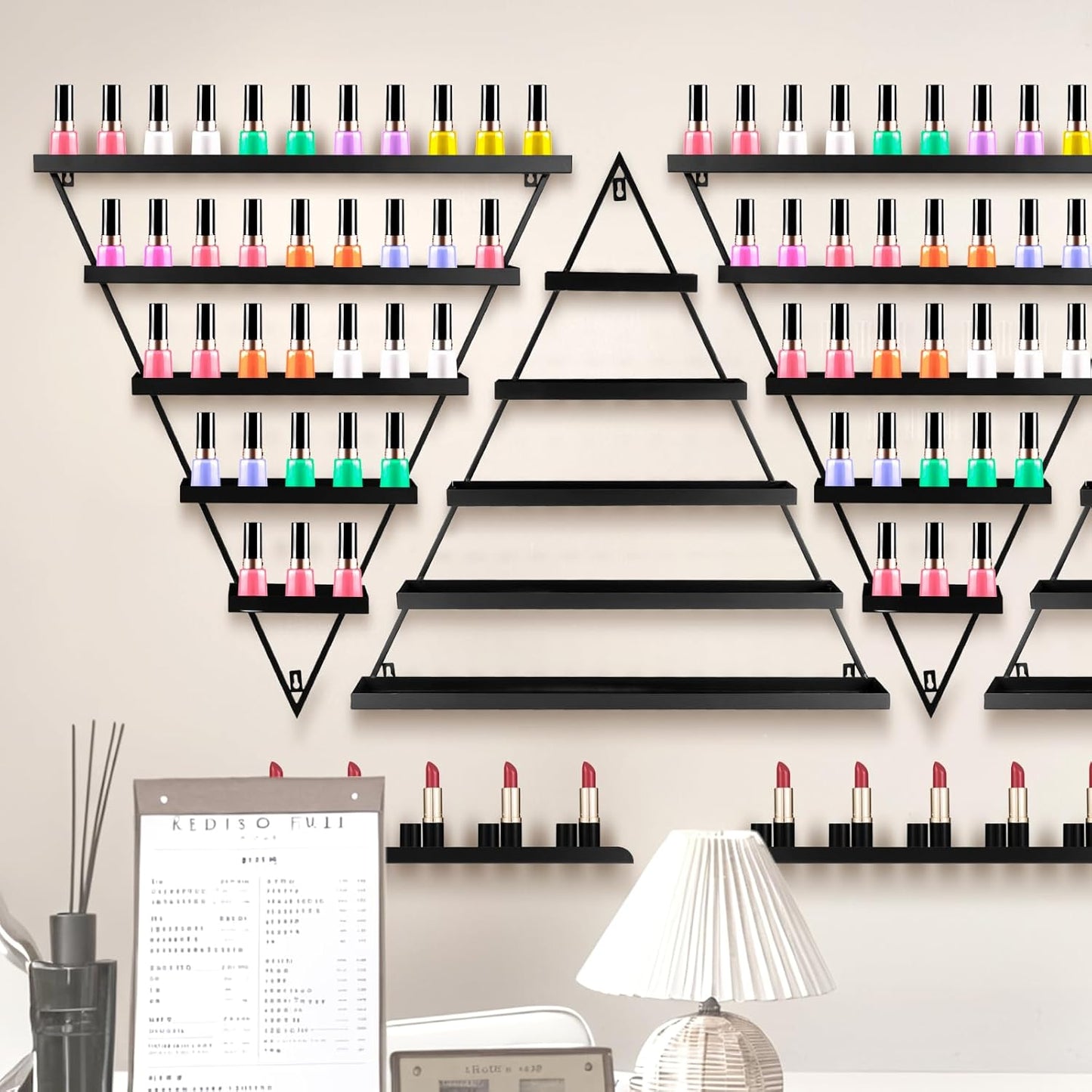 10PCS Nail Polish Rack Wall Mounted Shelf, 5 Tiers Black Triangular Display Rack, Cosmetic Display Cases, Lipstick Perfume Wall Shelf Essential Oil Organizer for Home Spa Nail Salon Shop (Black)