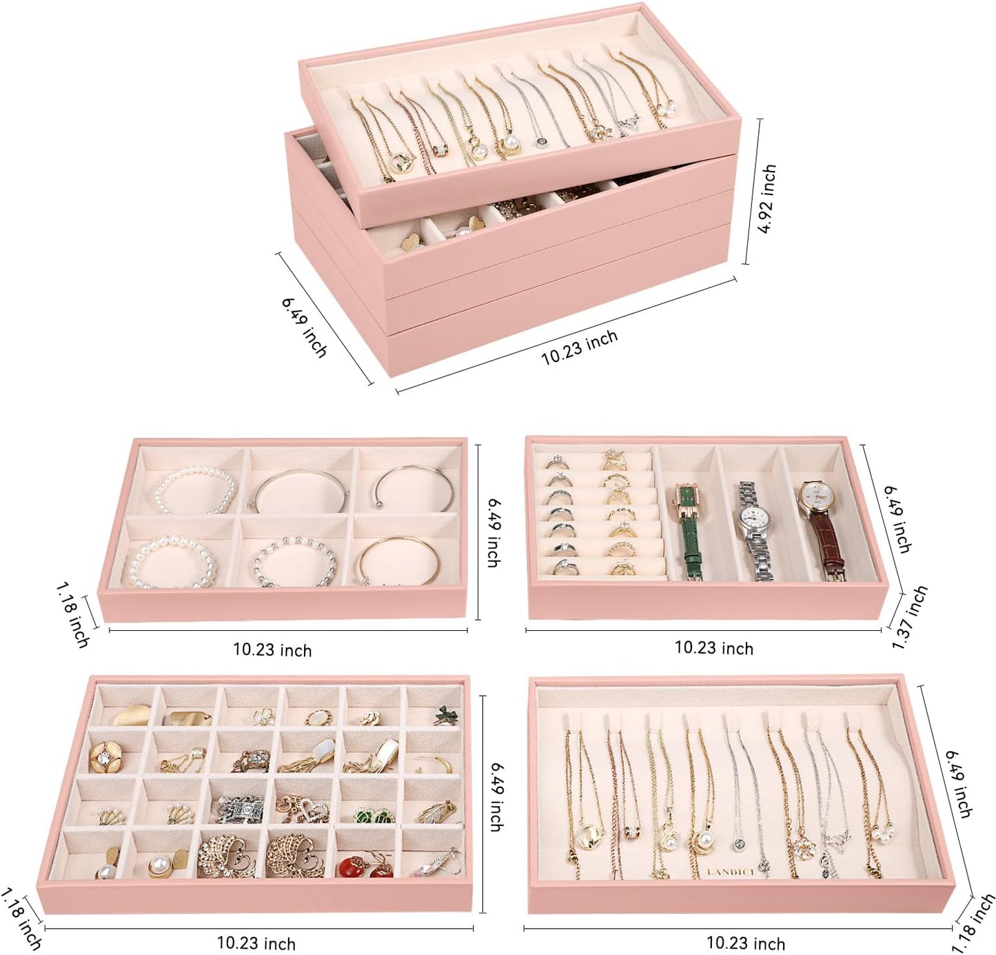 LANDICI Stackable Jewelry Organizer Trays 4 Set,PU Leather Jewelry Organizer Drawer,Jewelry Storage Display Tray for Earring Necklace Rings Bracelet with Removable Dividers,Pink