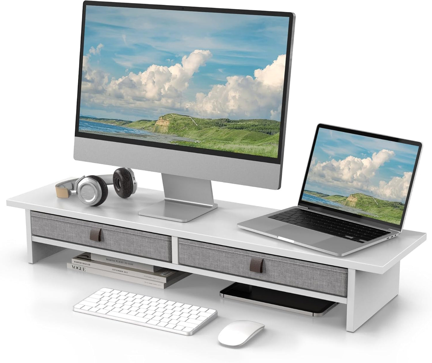 Fenge Monitor Stand with Drawer, 2 Tiers Dual Monitor Riser for Desk, 35 Inch Computer Stand for 2 Monitors, Desk Shelf for Home, Office, Laptop, PC, TV, Printer