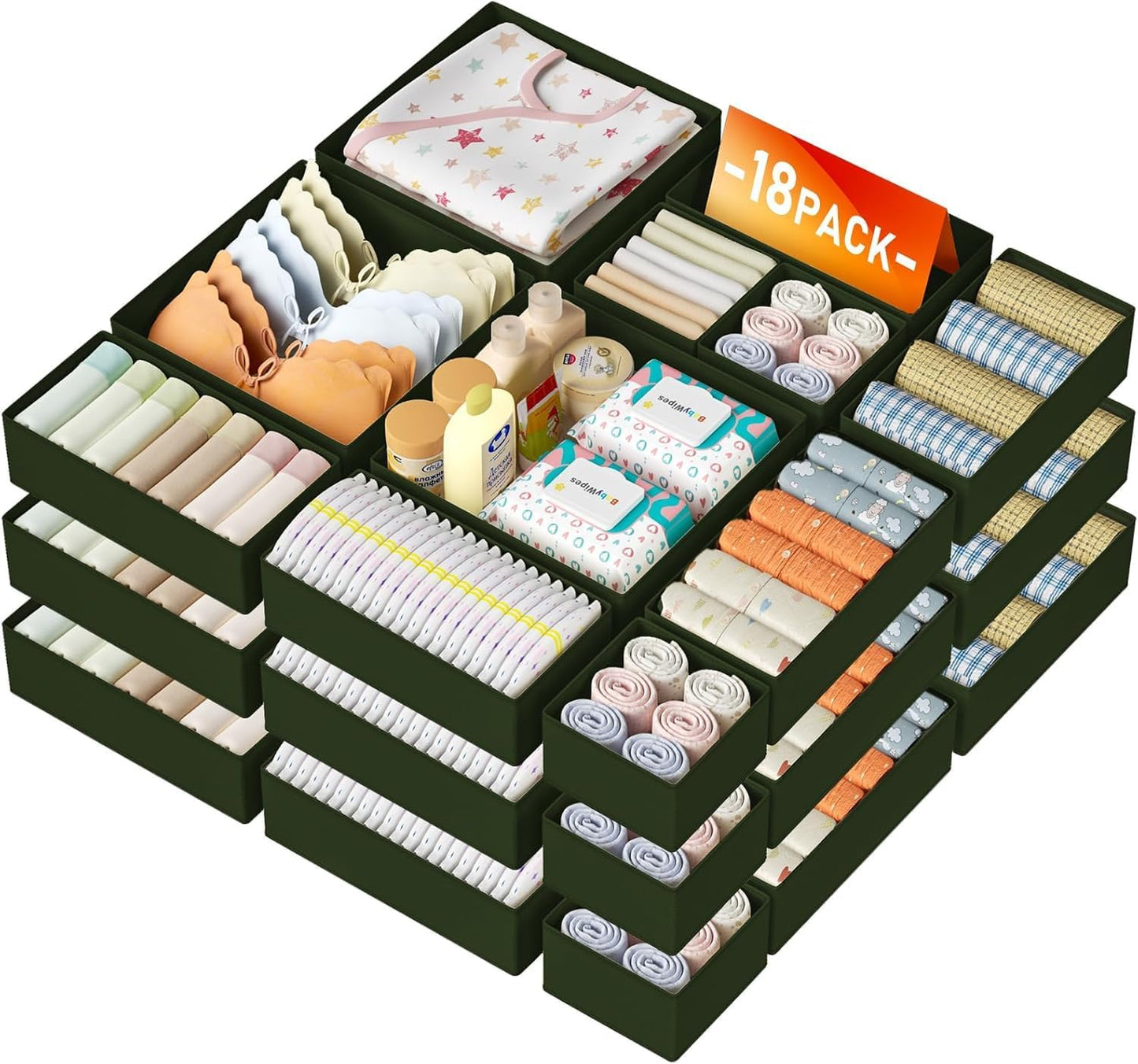 DIMJ Drawer Organizer Clothes - 18 Pack Closet Drawer Organizer Bins for Baby Clothes Storage, Fabric Dresser Organizer for Nursery Bedroom, Foldable Small Drawer Dividers for Underwear Socks