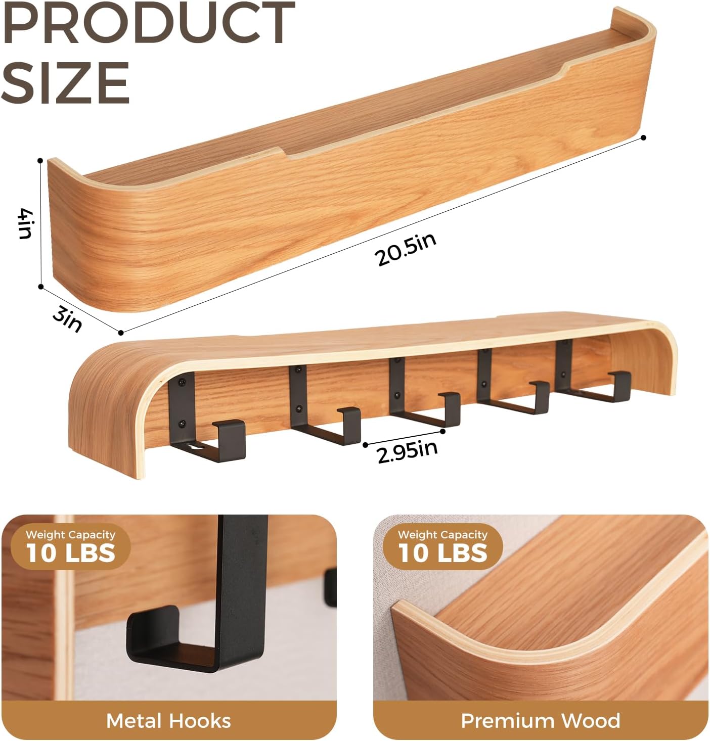 Wall Coat Rack Floating Shelves Modern Coat Rack Wall Mount with Storage Entryway Shelf Wooden Hanger 20 Inch 4 Hidden Metal Hooks for Living Room Bedroom (Oak, 5 Hooks)