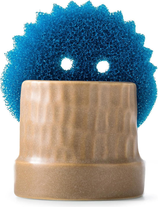 Sponge Holder for Kitchen Sink, Ceramic Sink Caddy Scrub Sponge Tray Dish Rack for Scrubbers, Kitchen Organizer, Brown