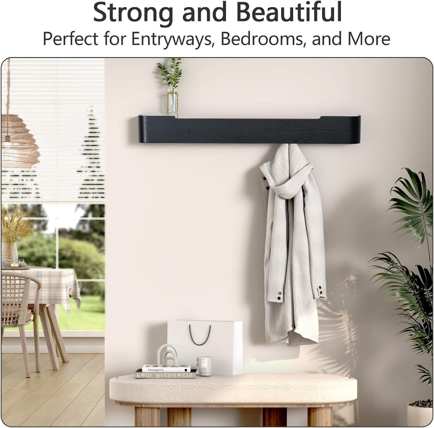 Coat Rack Wall Mount with Hidden Hooks Modern Key Holder Wood Entryway Hook with Shelf for Bedroom Kitchen Hallway Bathroom Designed for Hanging Coats Hats Bags Towels Dog Leashe(Black,8 Hooks)