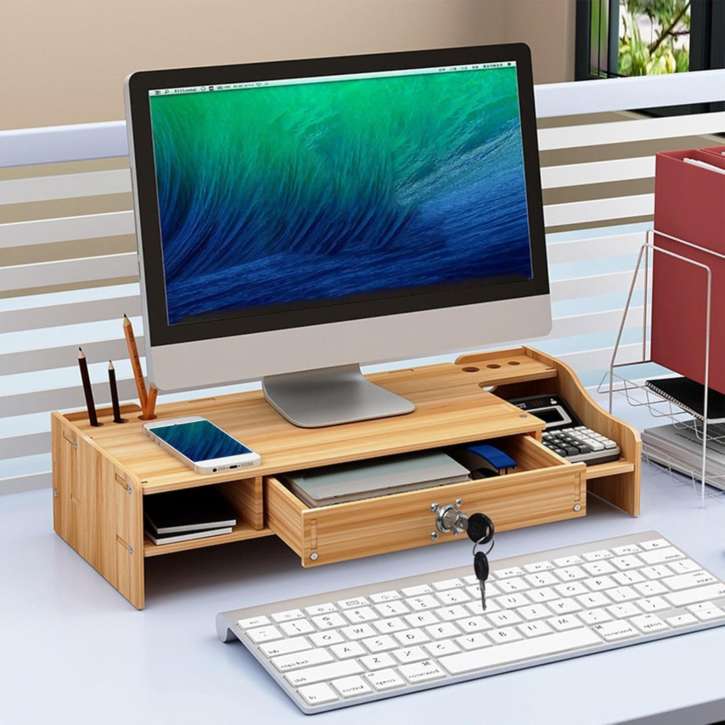 Computer Monitor Stand,Wooden Desktop Organizer Shelf - Desktop Organizer With Drawer,for Laptop Printer PC TV Screen Pen Home Dorm Hotel Restaurant Apartment