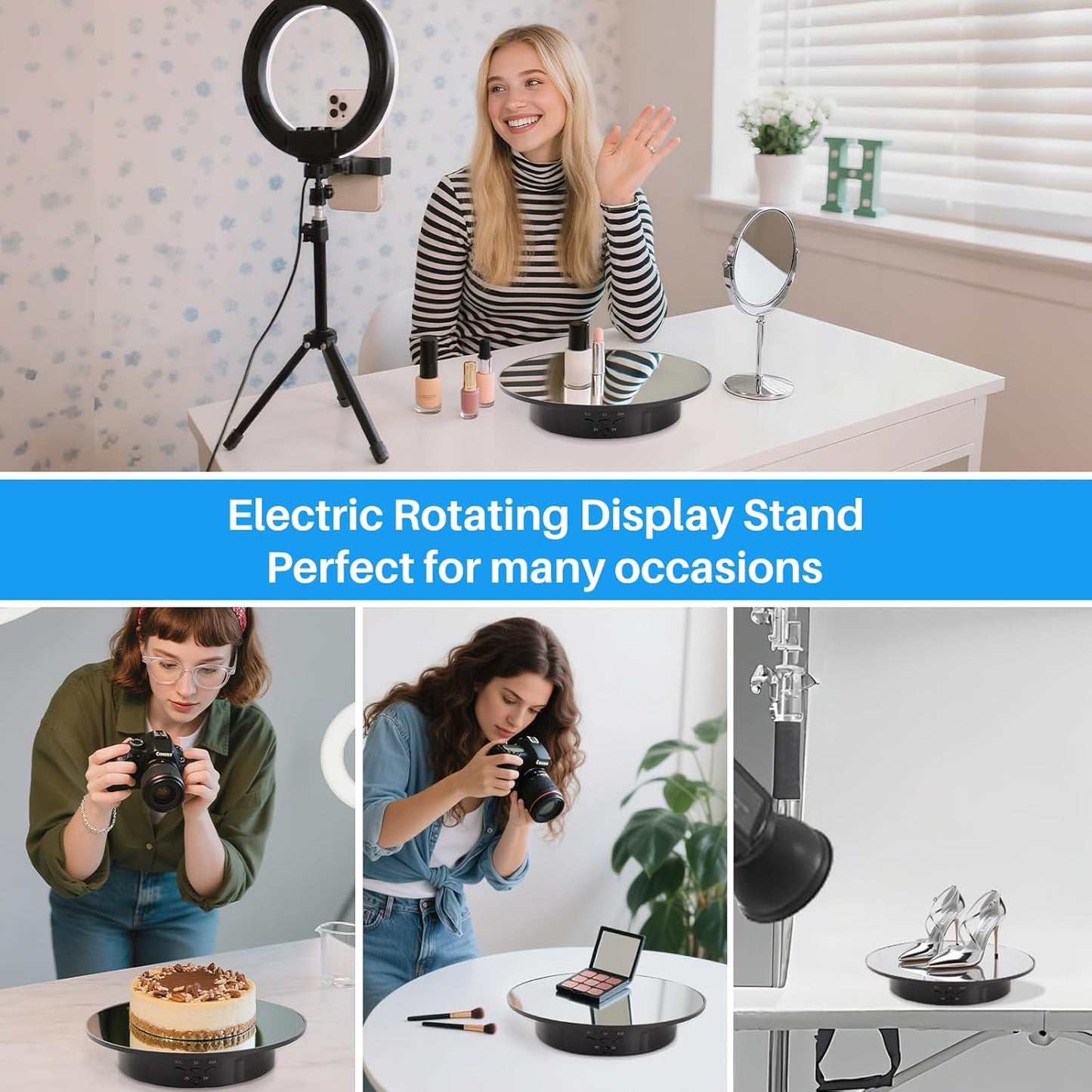 Rotating Display Stand Turntable Stand Black Spinning Stand for Product Shows with Telecontroller,7.87inch /17.6lbs Max Load,Black Round