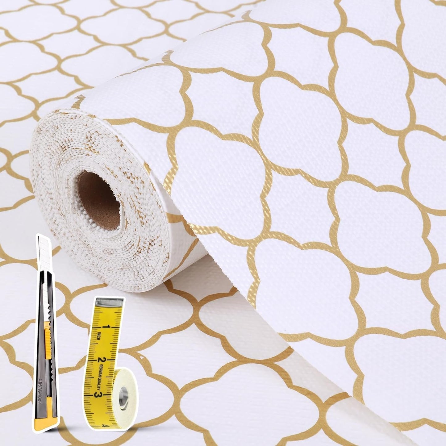 Shelf Drawer Liners for Kitchen Cabinets Non Adhesive Drawer Liner Thickened Refrigerator Liner Gold Quatrefoil Strong Non-Slip Paper for Tool Box with Knife and Tape Measure,23.6 x 354.3 Inches