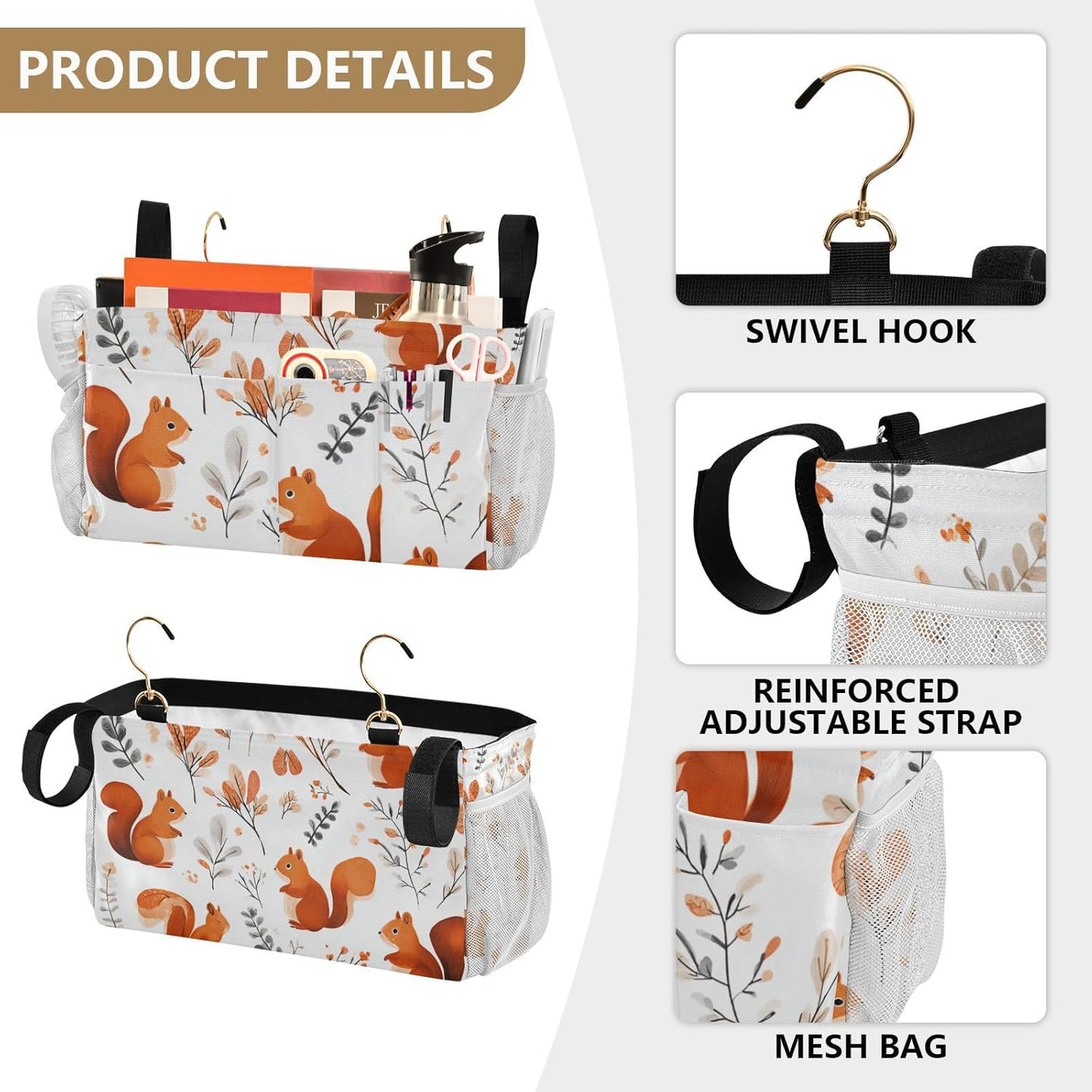 Squirrels and Fall Leaves Bedside Caddy for Dorm Bed Bedside Hanging Caddy Bag Iron Frame Storage Organizer Pocket for Bunk Home College Hospital Beds 2 Hooks