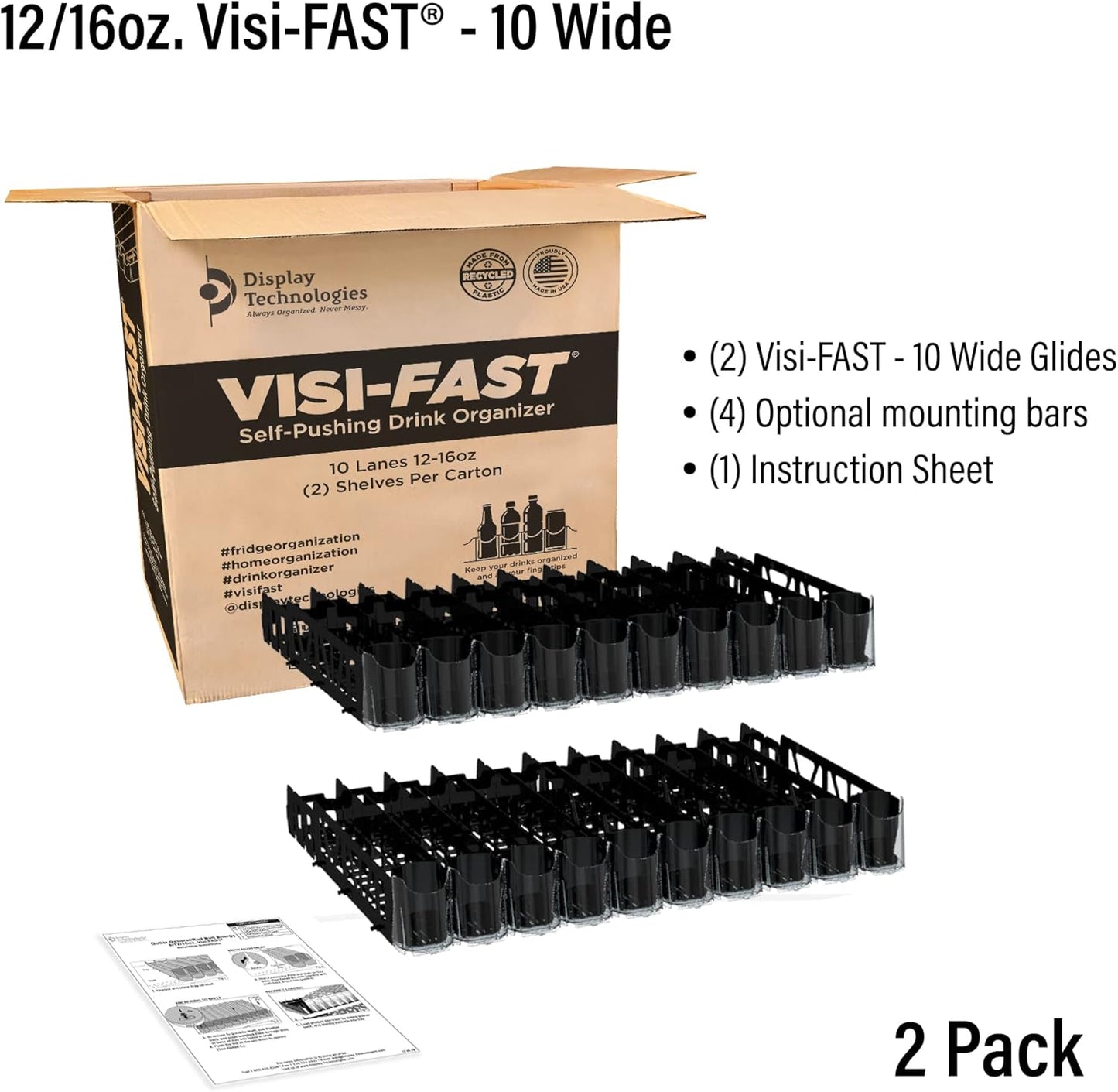 Visi-FAST Spring Push Drink Dispenser, Refrigerator Organizers and Storage for 12/16 oz Beverages, Bottles, and Cans, Drink Dispenser for Fridge, Commercial and Home, (Pack of 2)