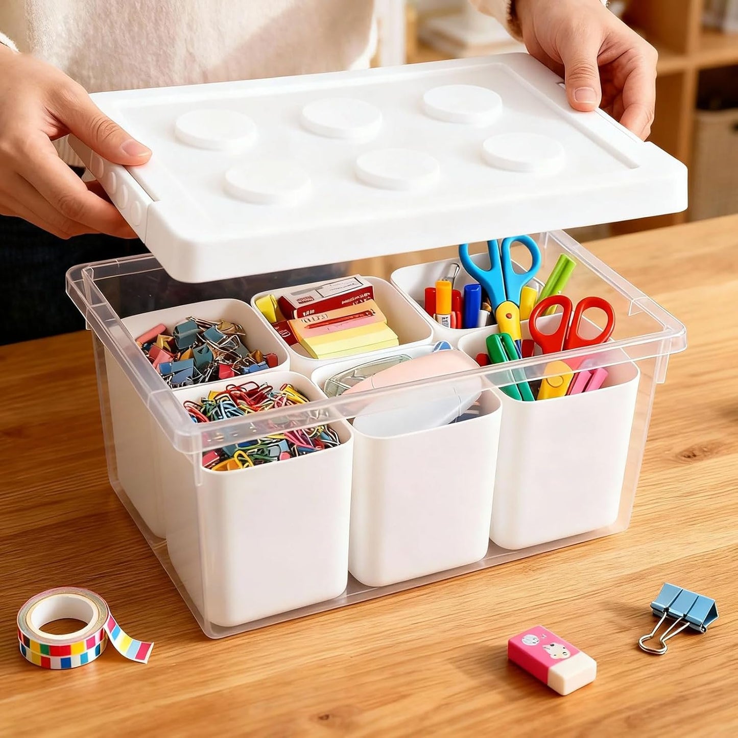 loobuu Plastic Storage Bins with Lids, Art Craft Supply Organizer Box with Brush Pot, Multipurpose Stackable Storage Containers for Organizing Tool, Craft, Crayon,Sewing(White)