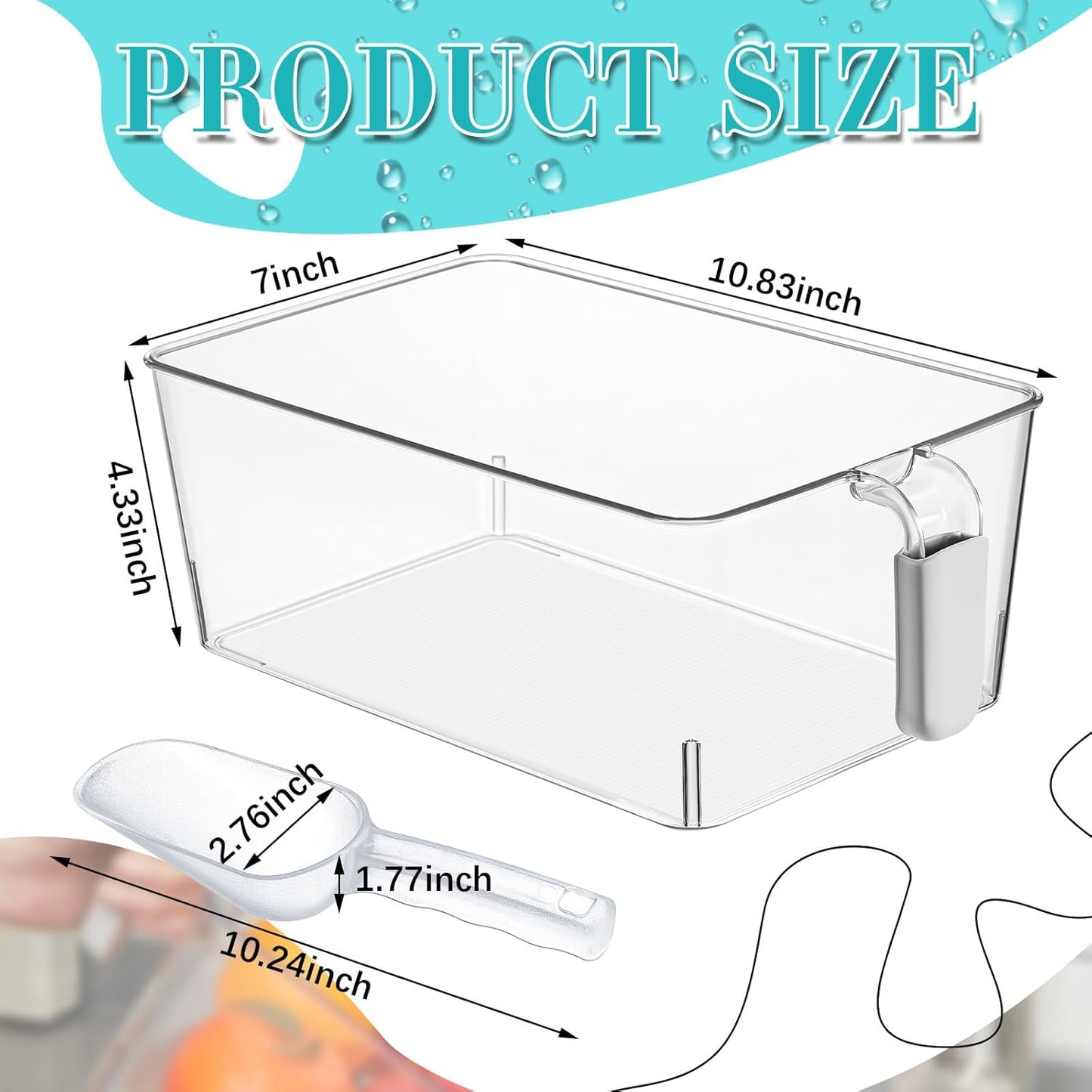 Havawish 1 Set Ice Bin and Flexible Scoop Set Plastic Freezer Ice Bin with Pull out Handle Storage Bucket Clear for Container with Bucket Scoop (10.83 x 7 x 4.33 in,Grey)