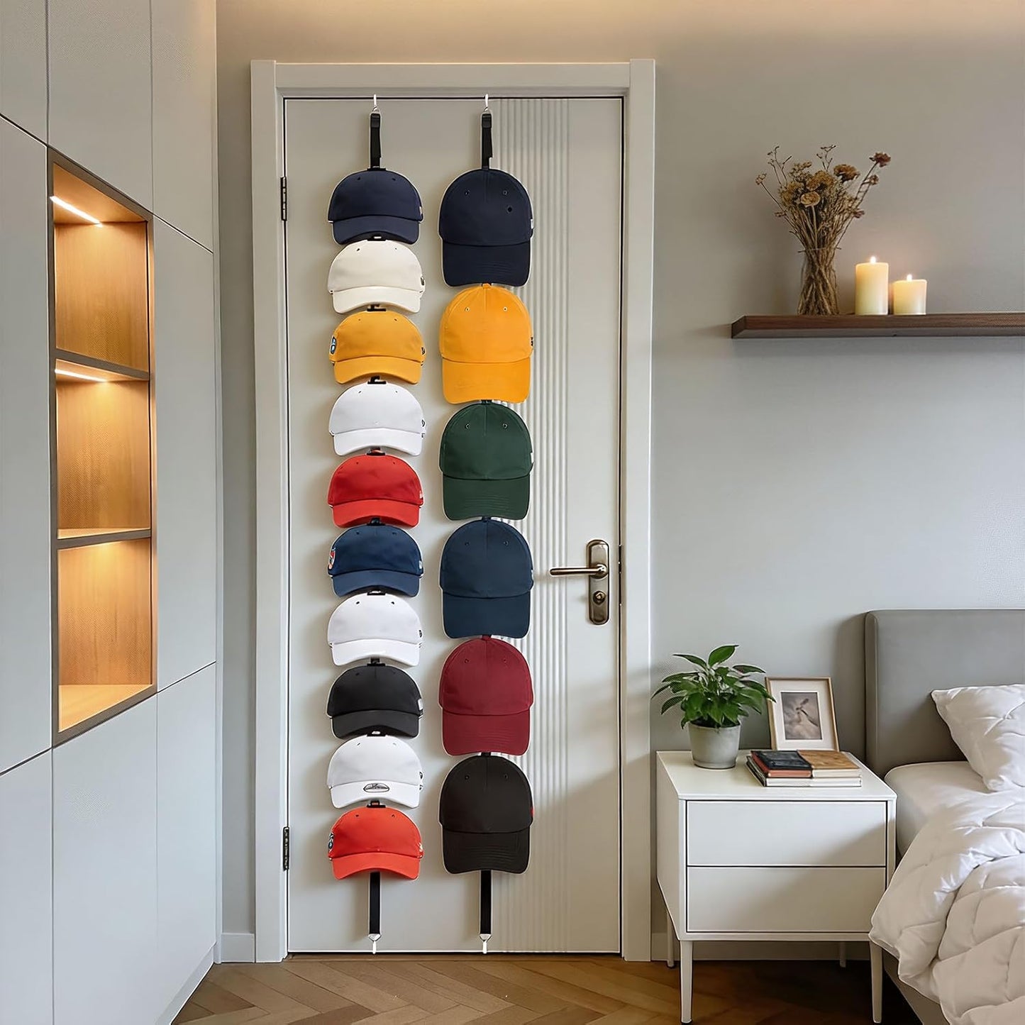 2Pack Hat Organizer for Baseball Caps, Hat Rack for Wall with Display Hooks - Organizador de Gorras for Closet Door, Bedroom and Entrance (Black)