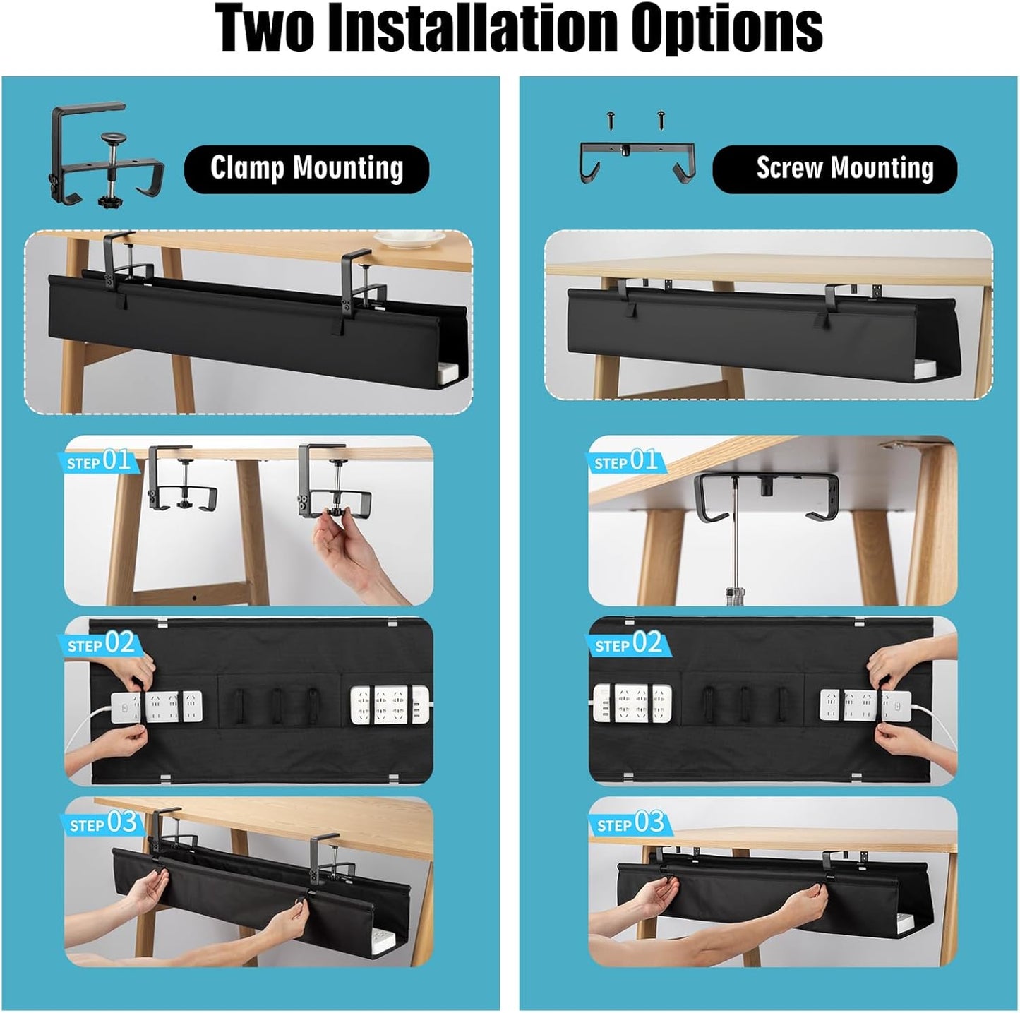 Oxford Cloth Under Desk Cable Management Tray,No-Drill 36" Desk Cable Management Organizer with Clip/Screw Installation,Fabric Cable Management for Home,Office & Gaming Computer(Black)
