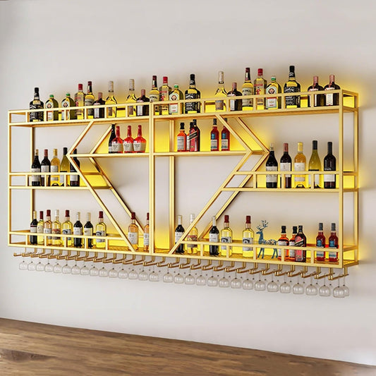 95in Wall Mounted Wine Rack, Large Metal Wine Bottle Holder,3 Tier Modern Fashion Diamond Shaped Floating Bar Unit Wine Storage Shelves, for Home Restaurant Bars Decor (Gold, 3 Tier - 95in)