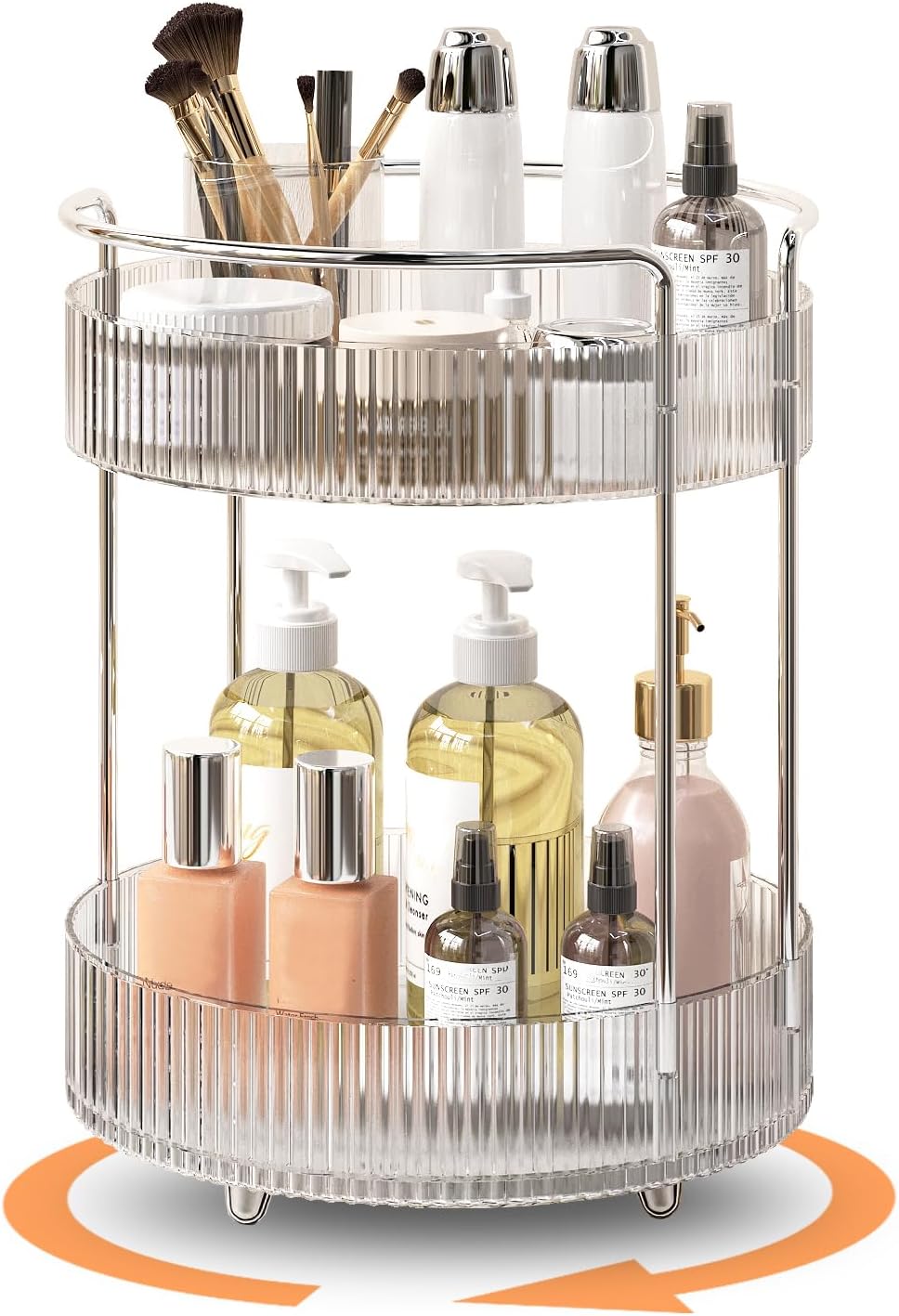 360° Rotating Makeup Organizer for Vanity, Skincare Perfume Organizers and Storage for Bathroom Countertop, Clear Makeup Brush Holder Lazy Susan for Counter (Transparent, 2 Tier)